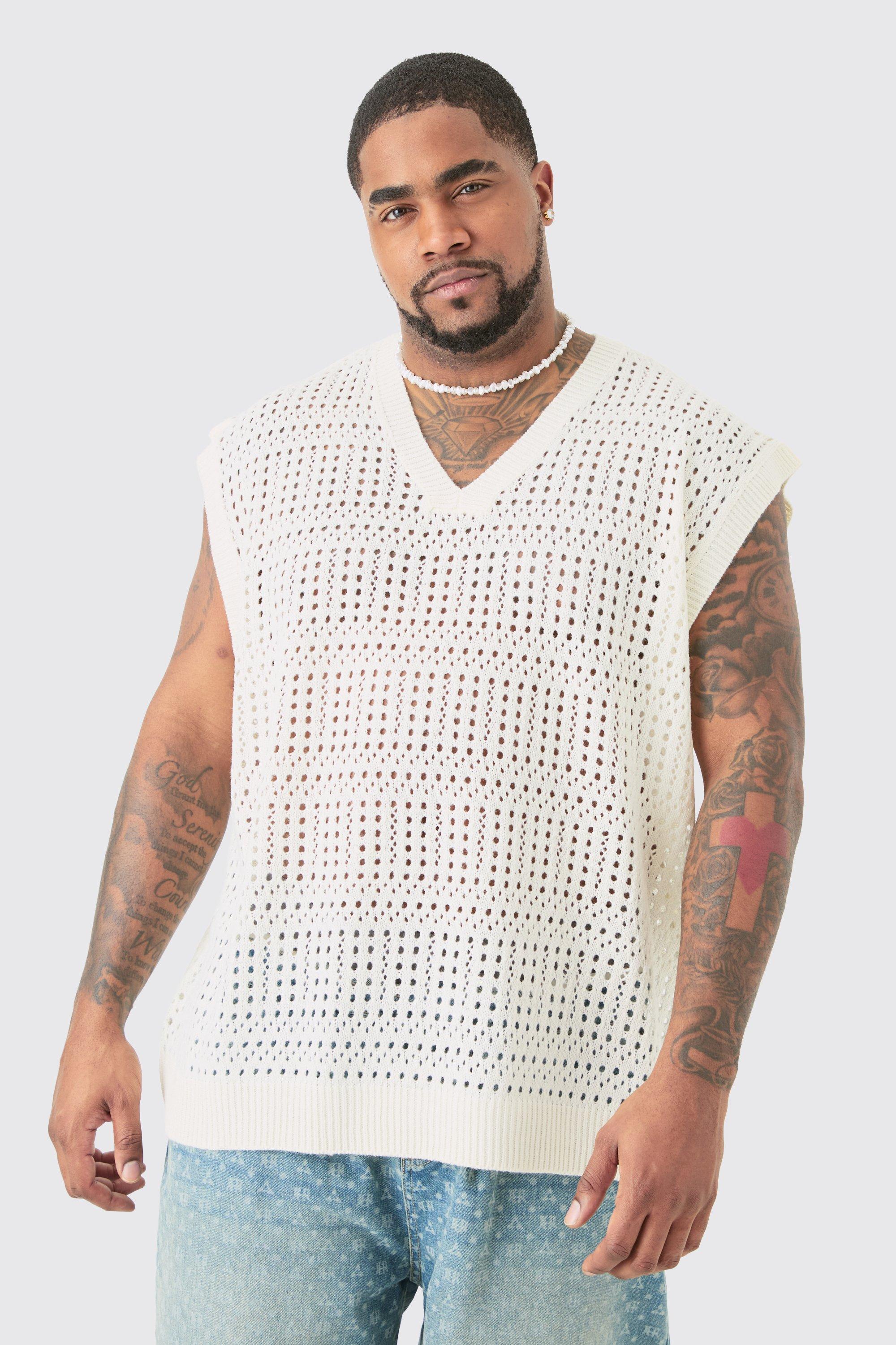 Image of Plus Oversized Crochet Knit Sweater Vest In Ecru, Cream