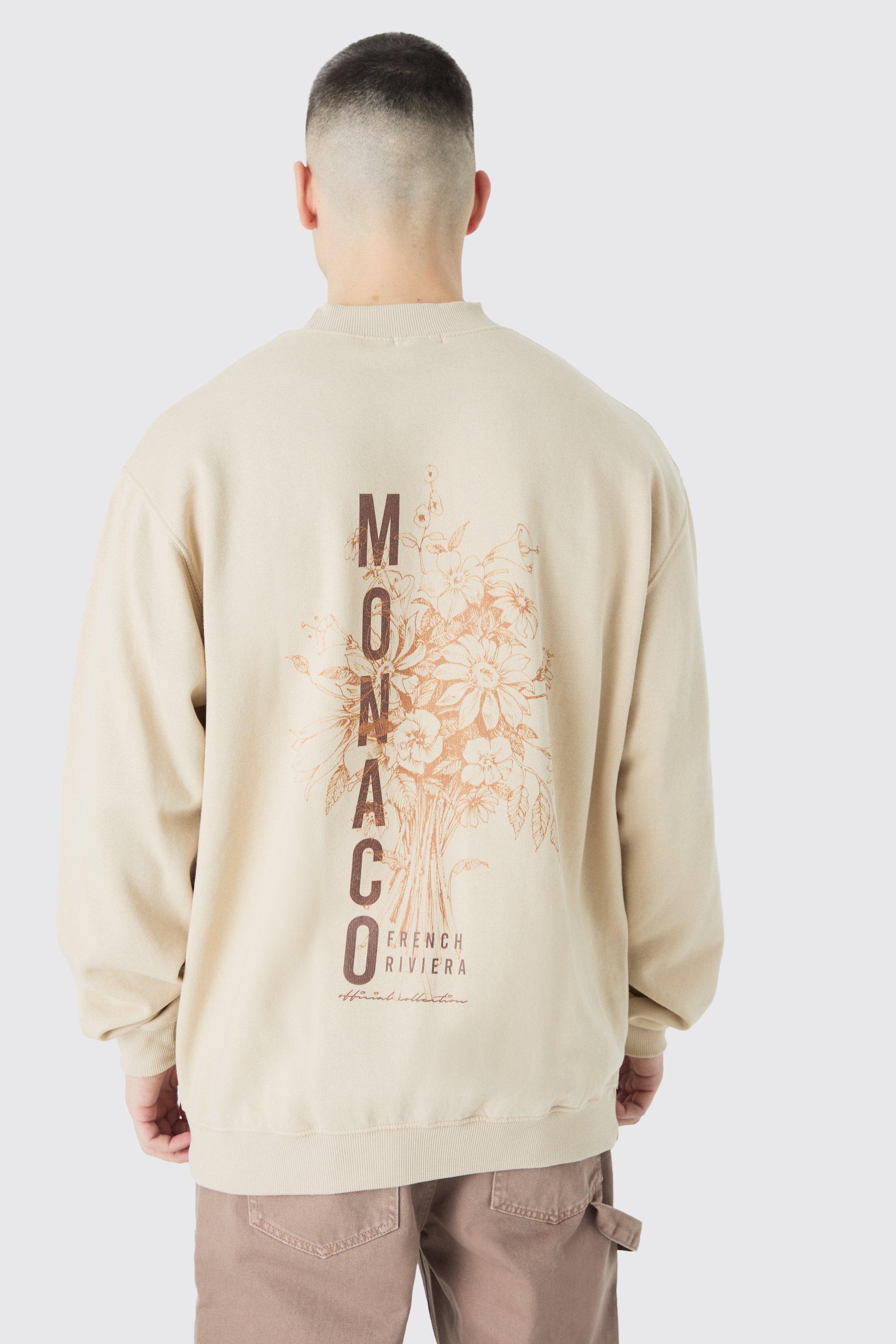Mens Beige Tall Monaco Back Print Extended Neck Sweatshirt, Beige