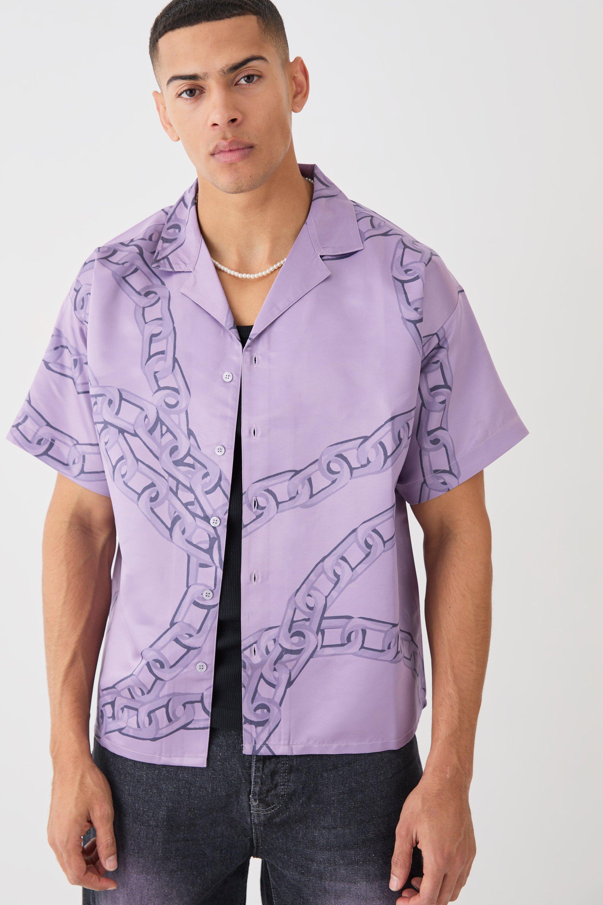 Mens Purple Boxy Chain Satin Shirt, Purple