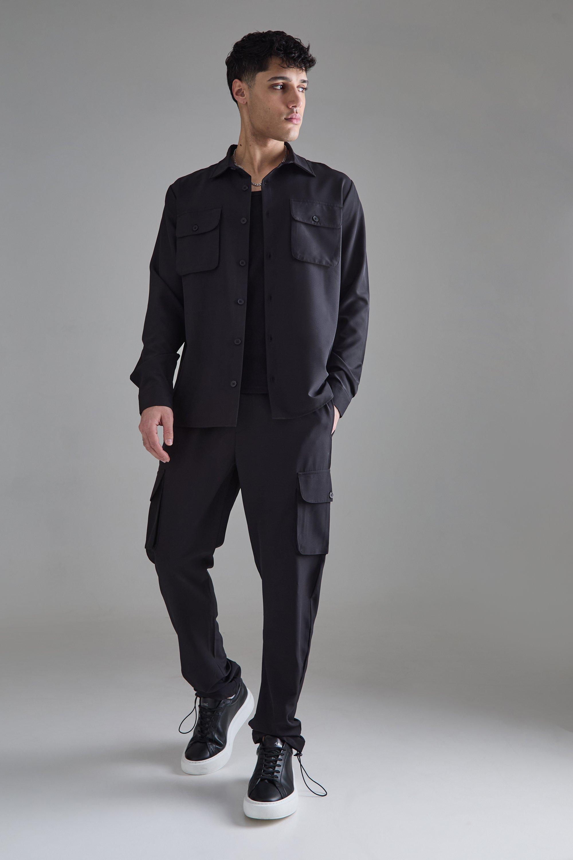 Image of Set camicia & pantaloni in Stretch leggero stile Utility, Nero