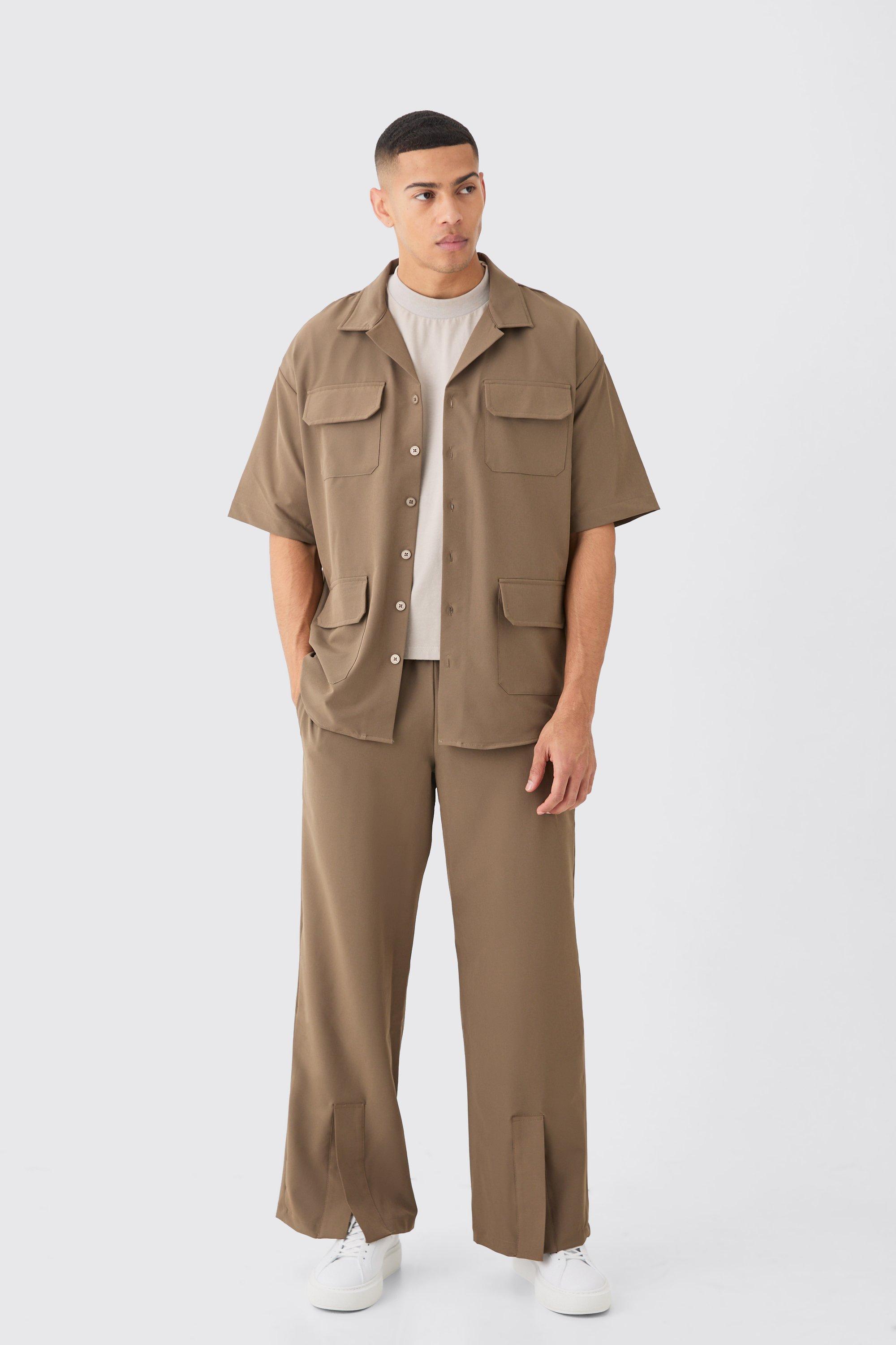 Image of Set camicia leggera in Stretch & pantaloni con spacco sul fondo, Beige