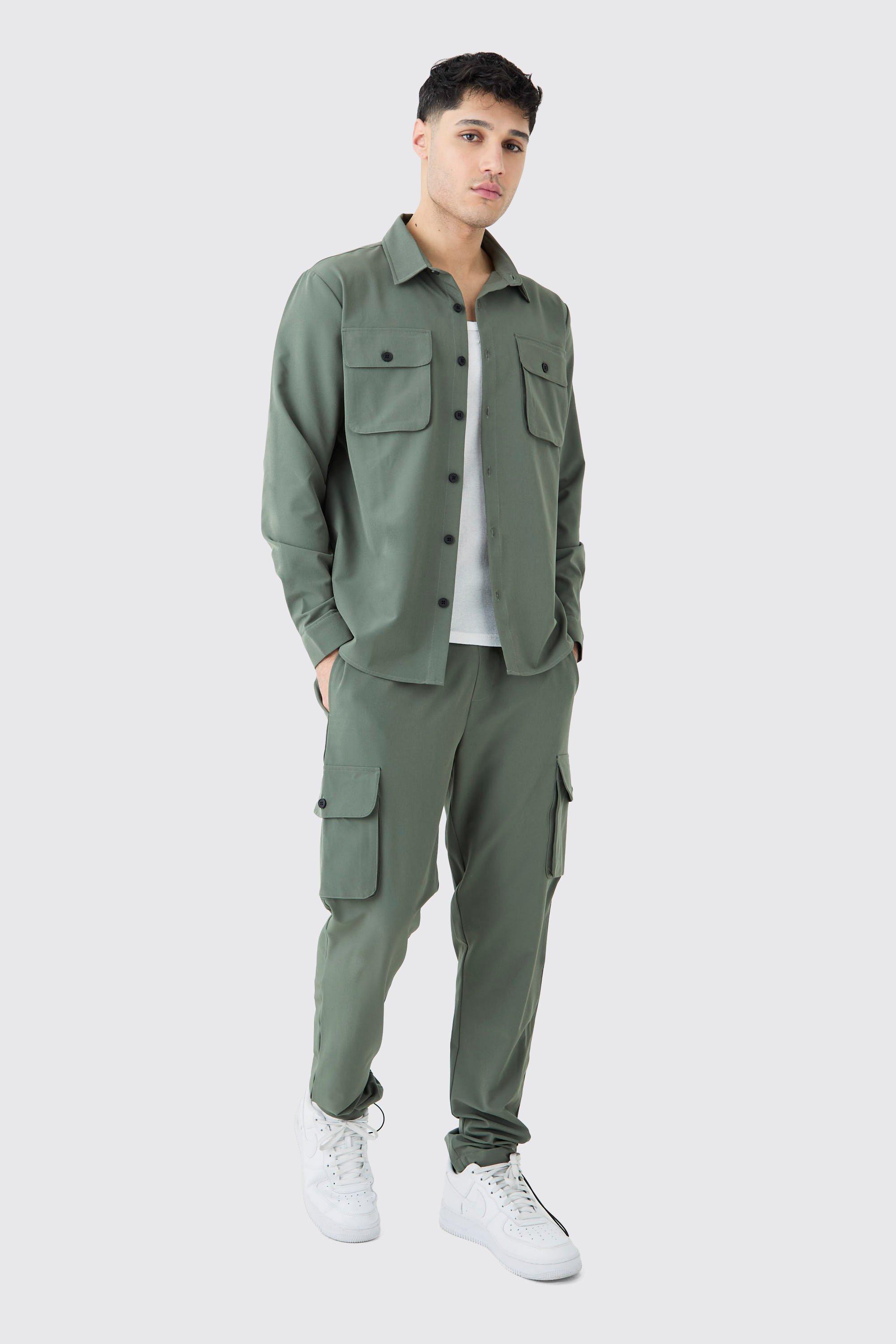 Image of Set camicia & pantaloni in Stretch leggero stile Utility, Verde
