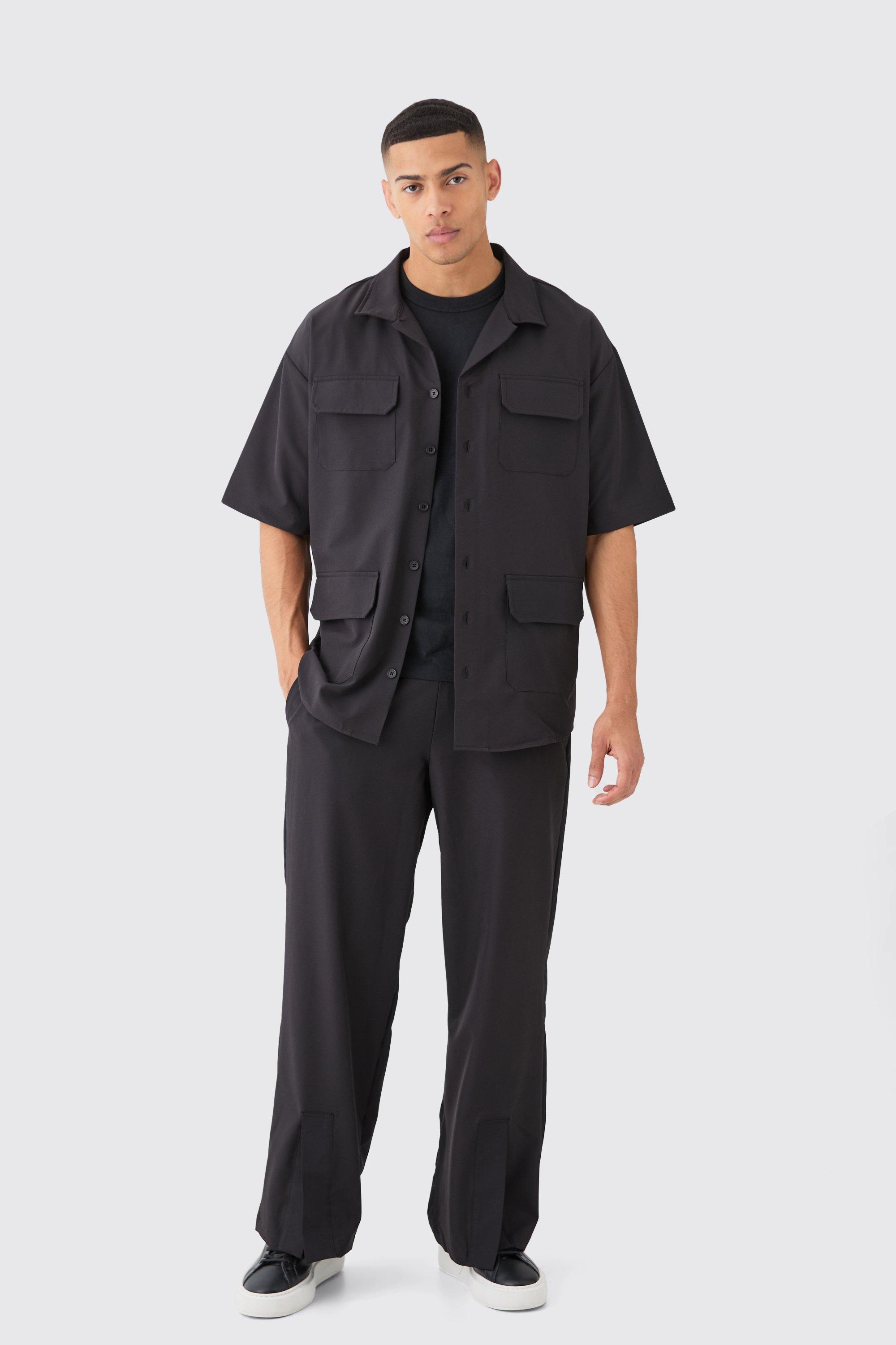 Image of Set camicia leggera in Stretch & pantaloni con spacco sul fondo, Nero