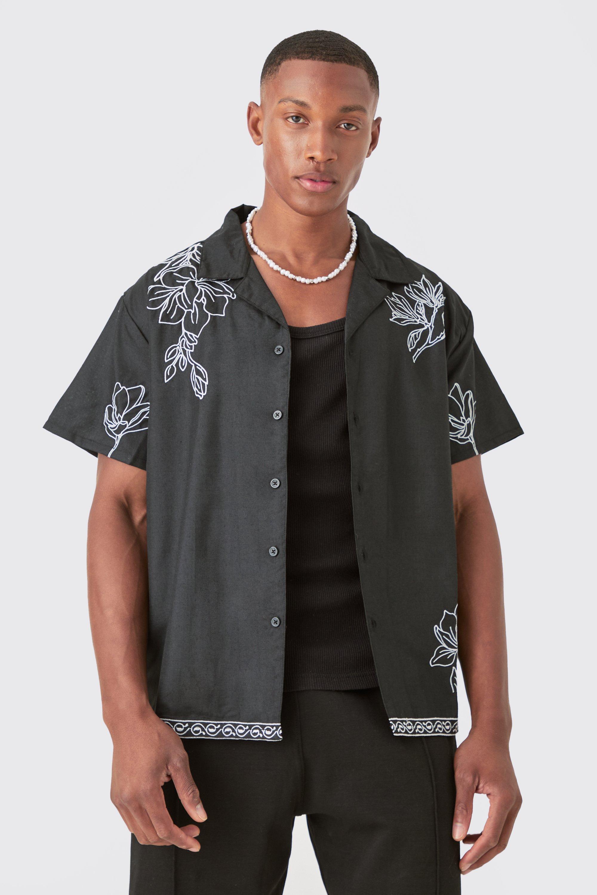 Mens Black Boxy Revere Floral Pocket Embroidery Shirt, Black