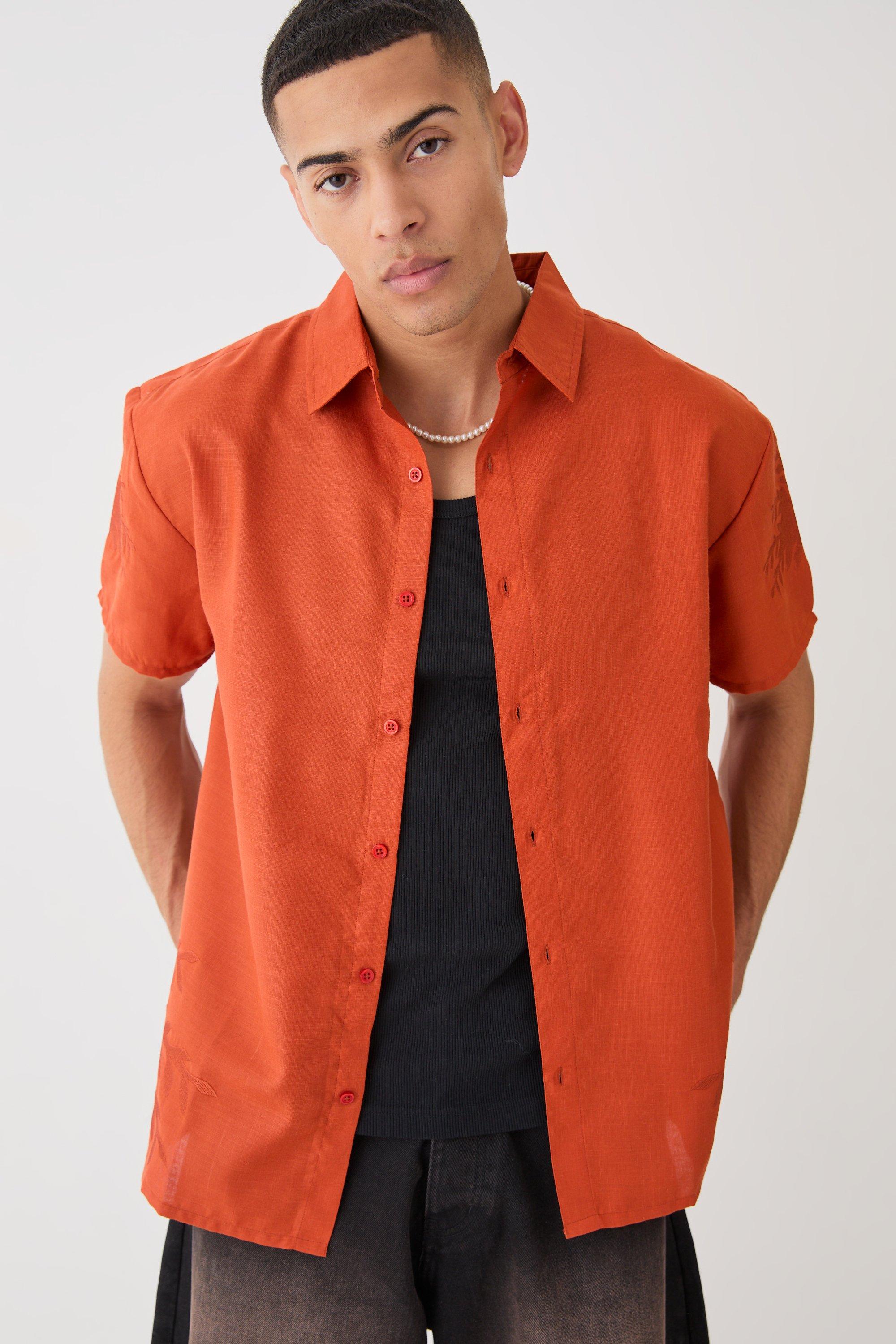 Image of Camicia oversize effetto lino con ricami sul fondo, Arancio