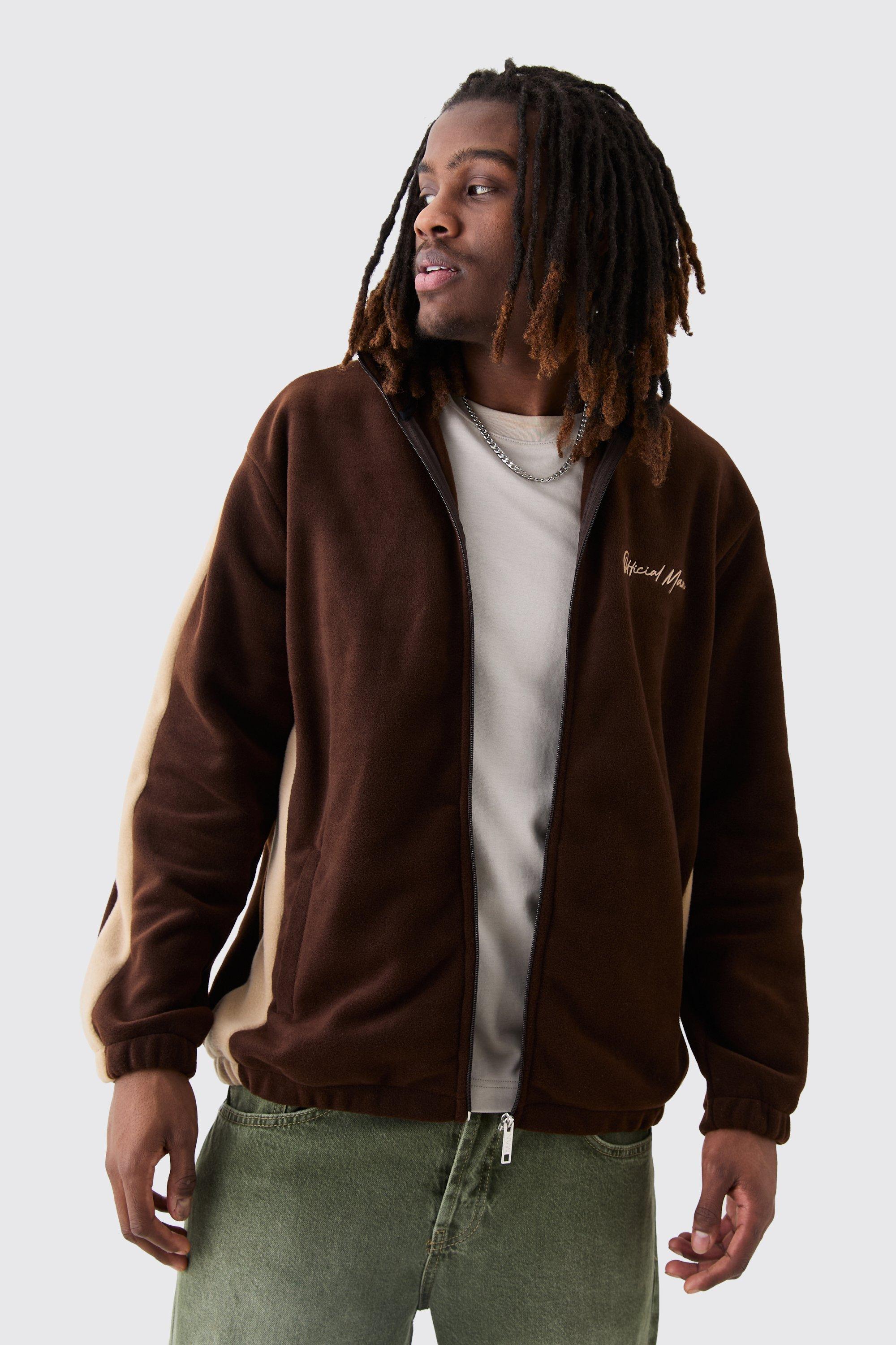 Mens Brown Man Oversized Zip Through Colour Block Fleece Tracktop, Brown