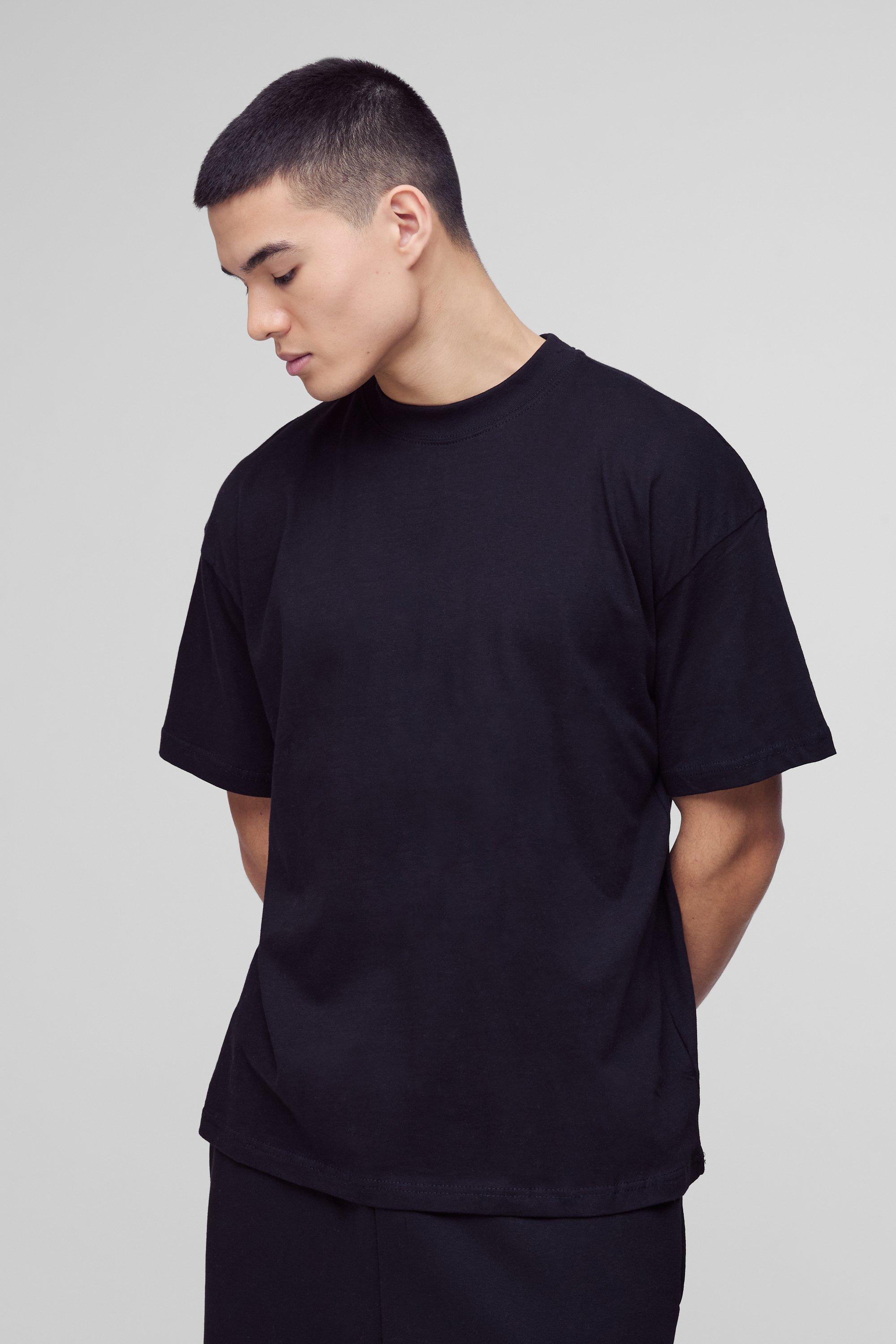 Mens Black Basic Oversized Extended Neck T-Shirt, Black