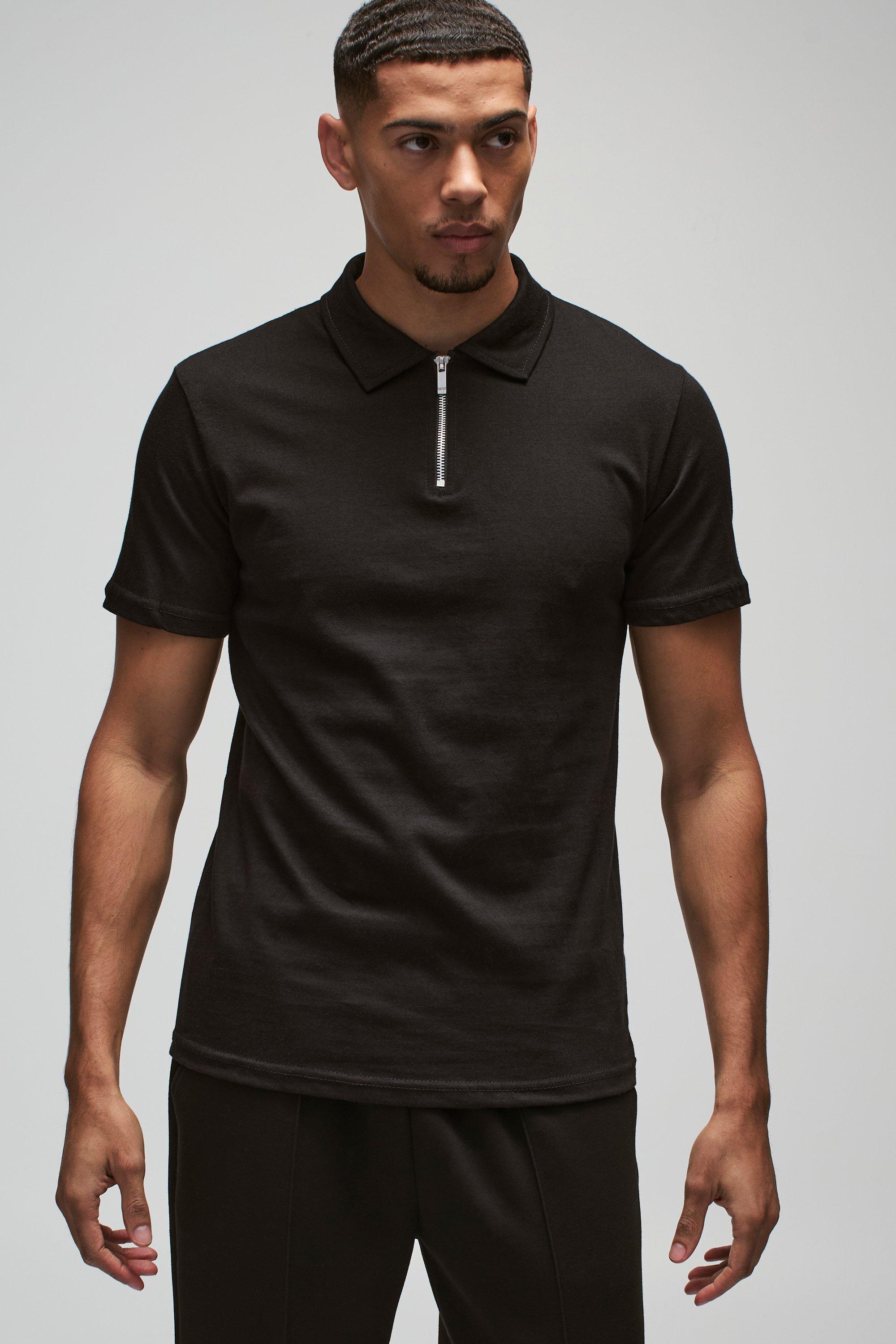 Mens Black Slim Zip Neck Polo, Black