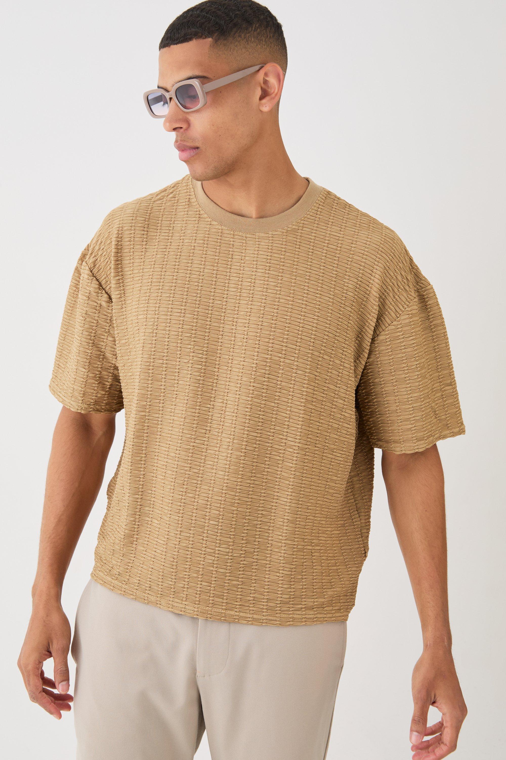 Mens Brown Oversized Boxy Pleated Texture T-shirt, Brown