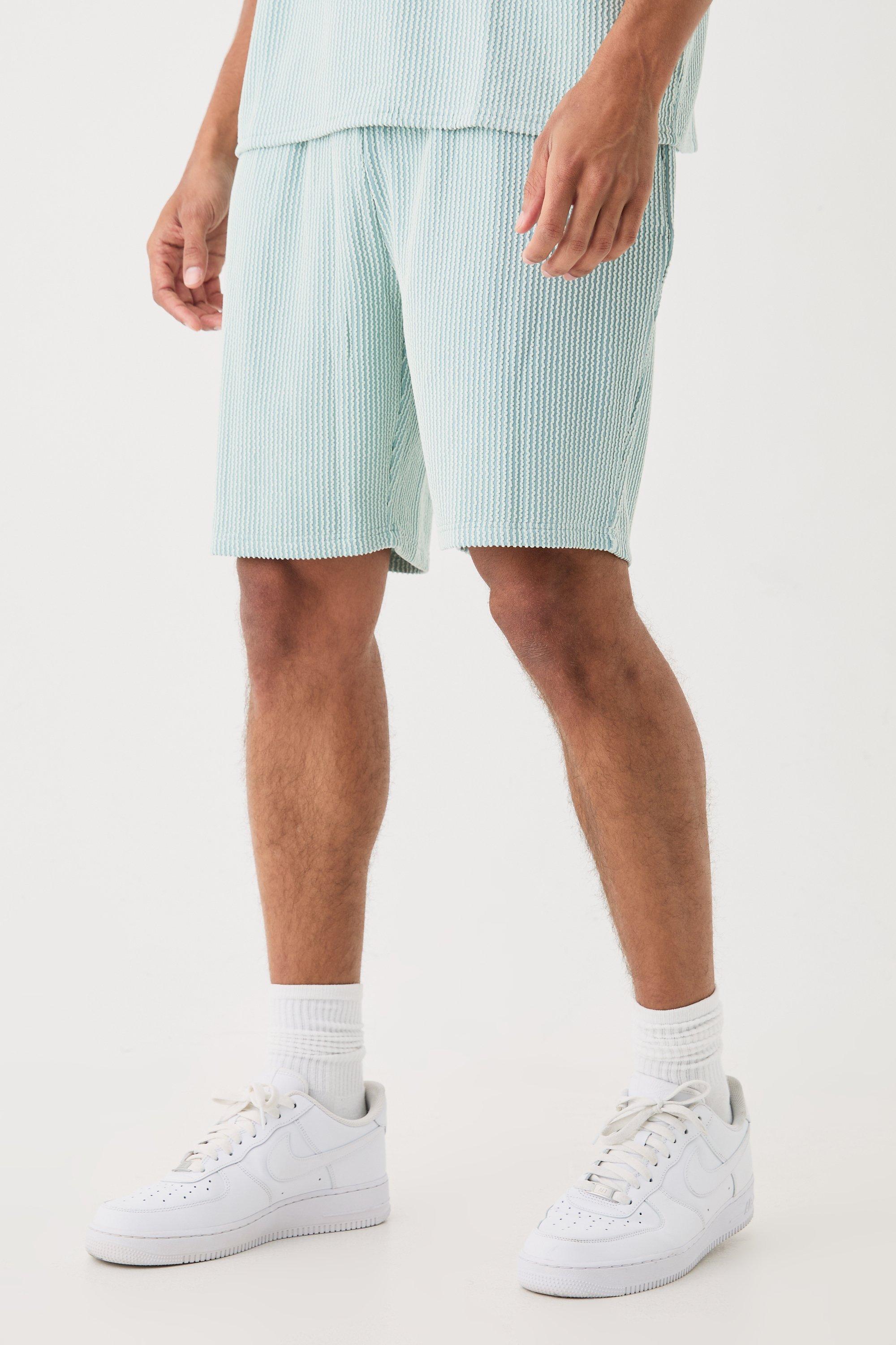 Image of Relaxed Fit Mid Length Stripe Texture Shorts, Azzurro