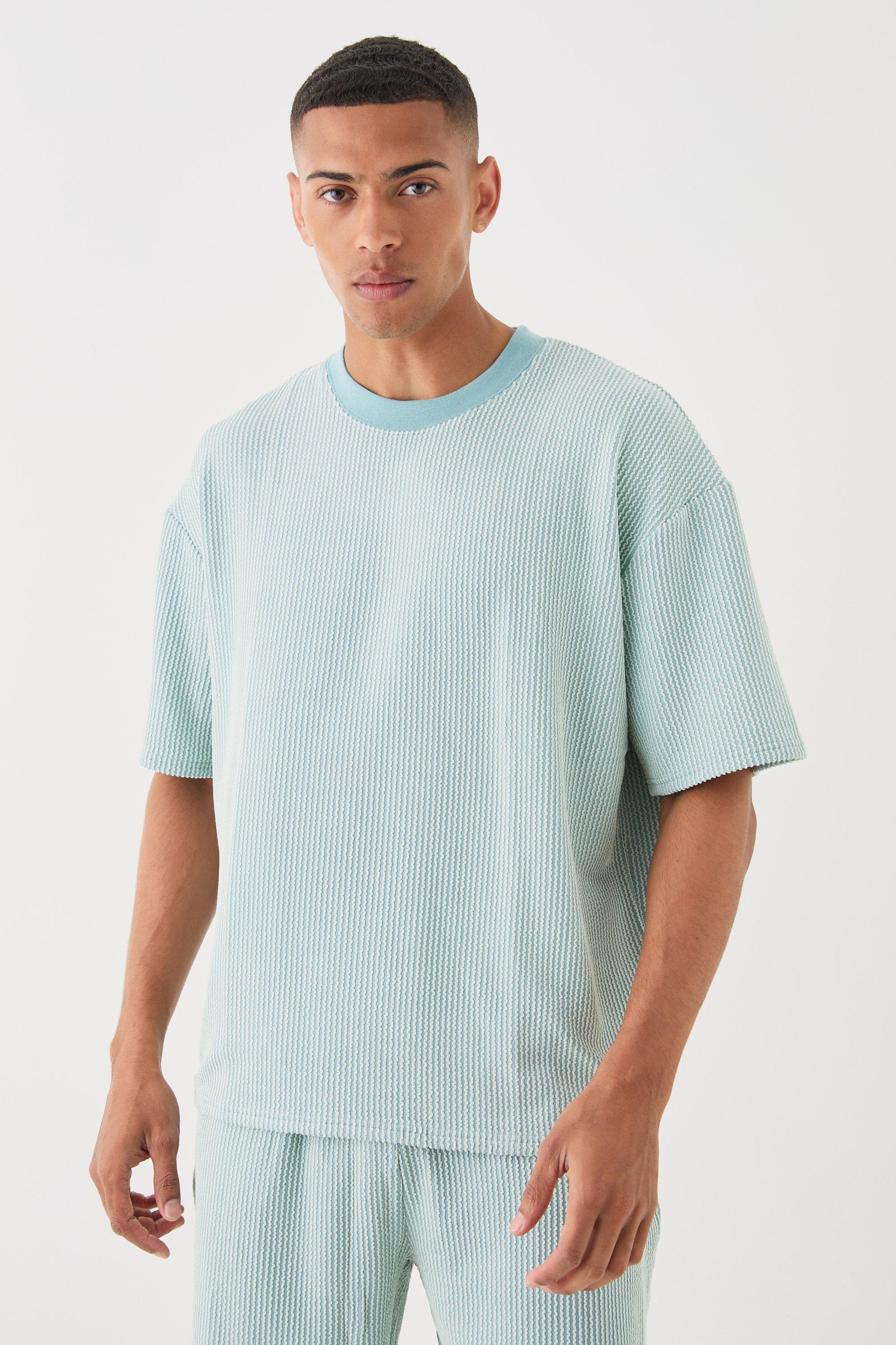 Image of Oversized Boxy Extended Neck Stripe Texture T-shirt, Azzurro