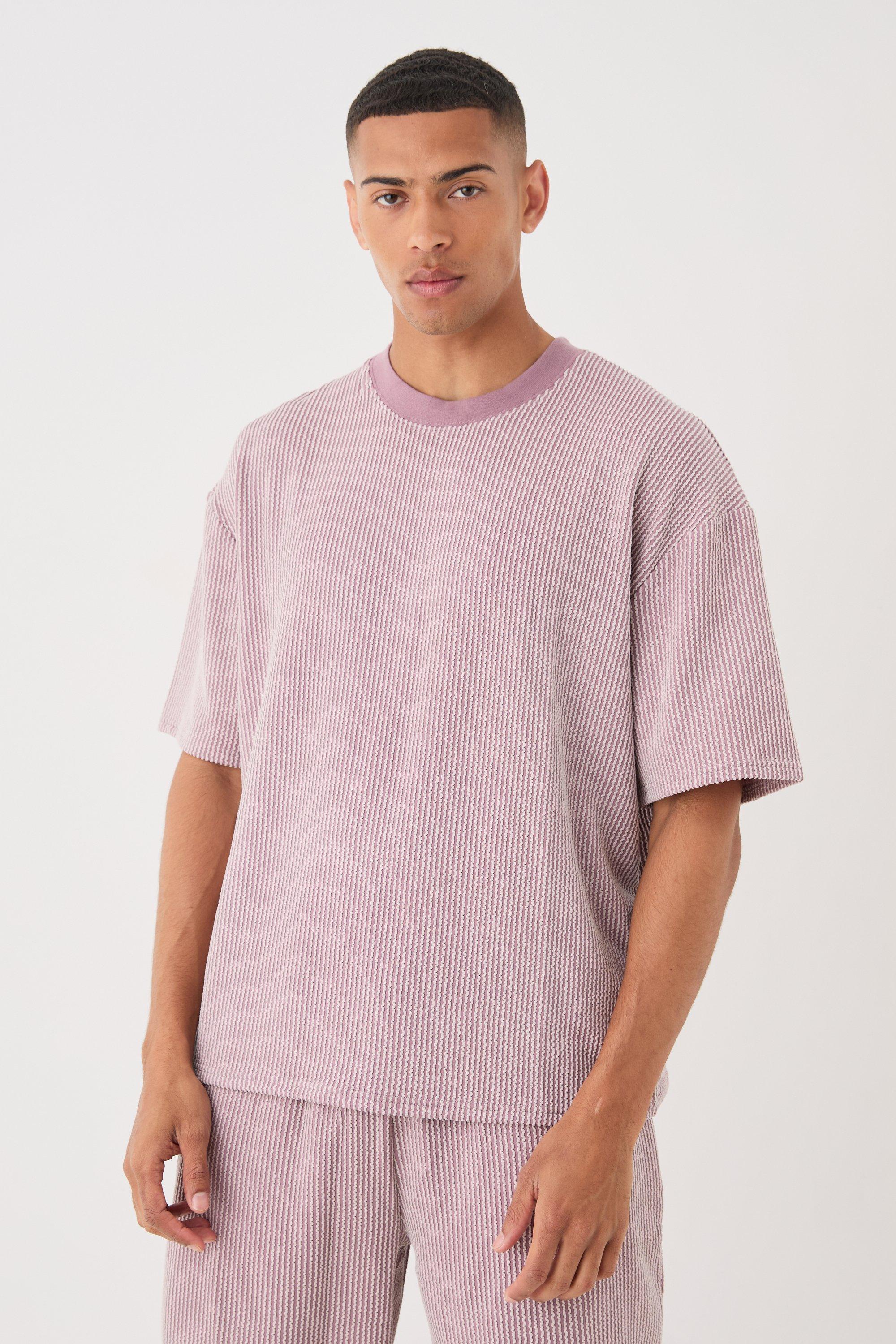 Image of Oversized Boxy Extended Neck Stripe Texture T-shirt, Purple