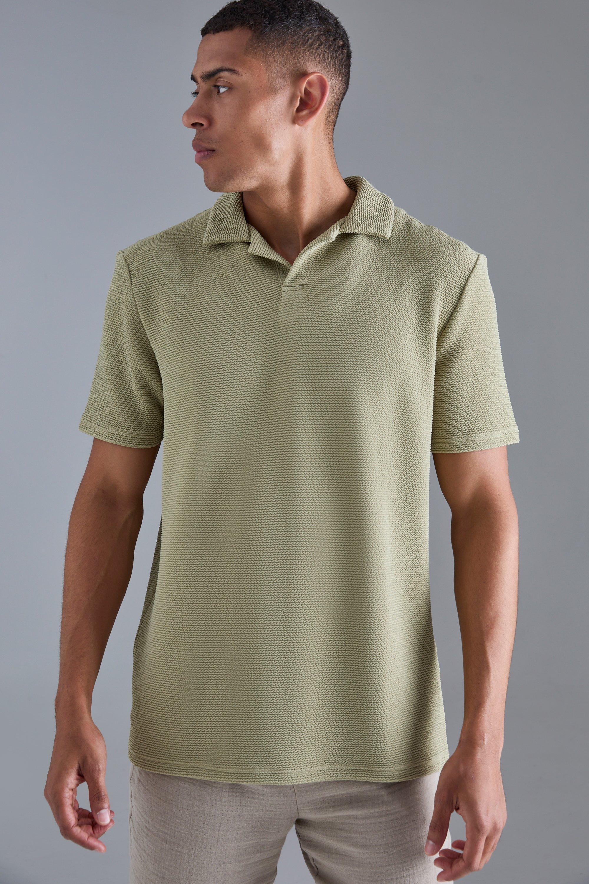 Mens Green Oversized Revere Textured Polo, Green