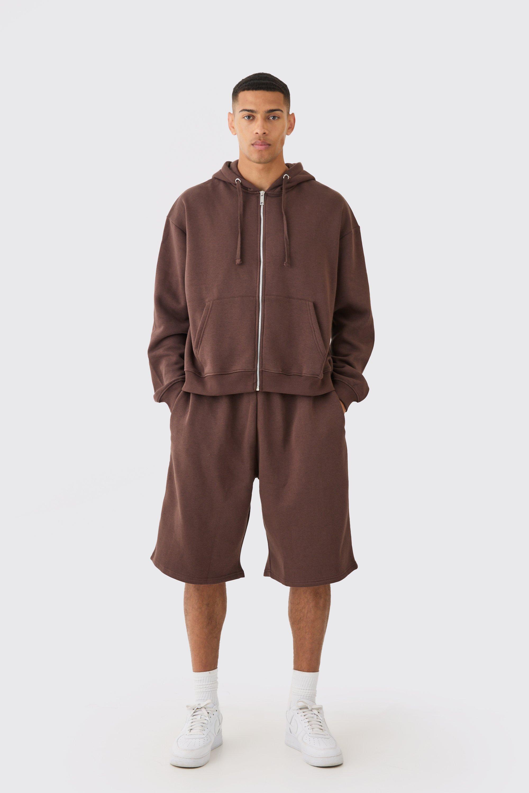 Image of Oversized Boxy Zip Through Hoodie And Long Line Shorts Set, Brown