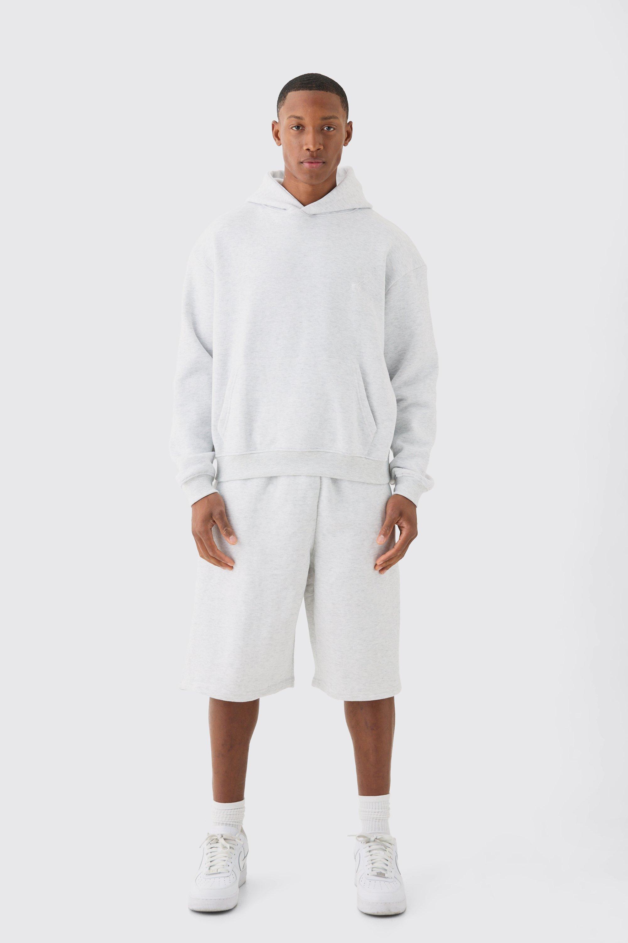 Image of Oversized Hoodie And Long Line Shorts Set, Grigio