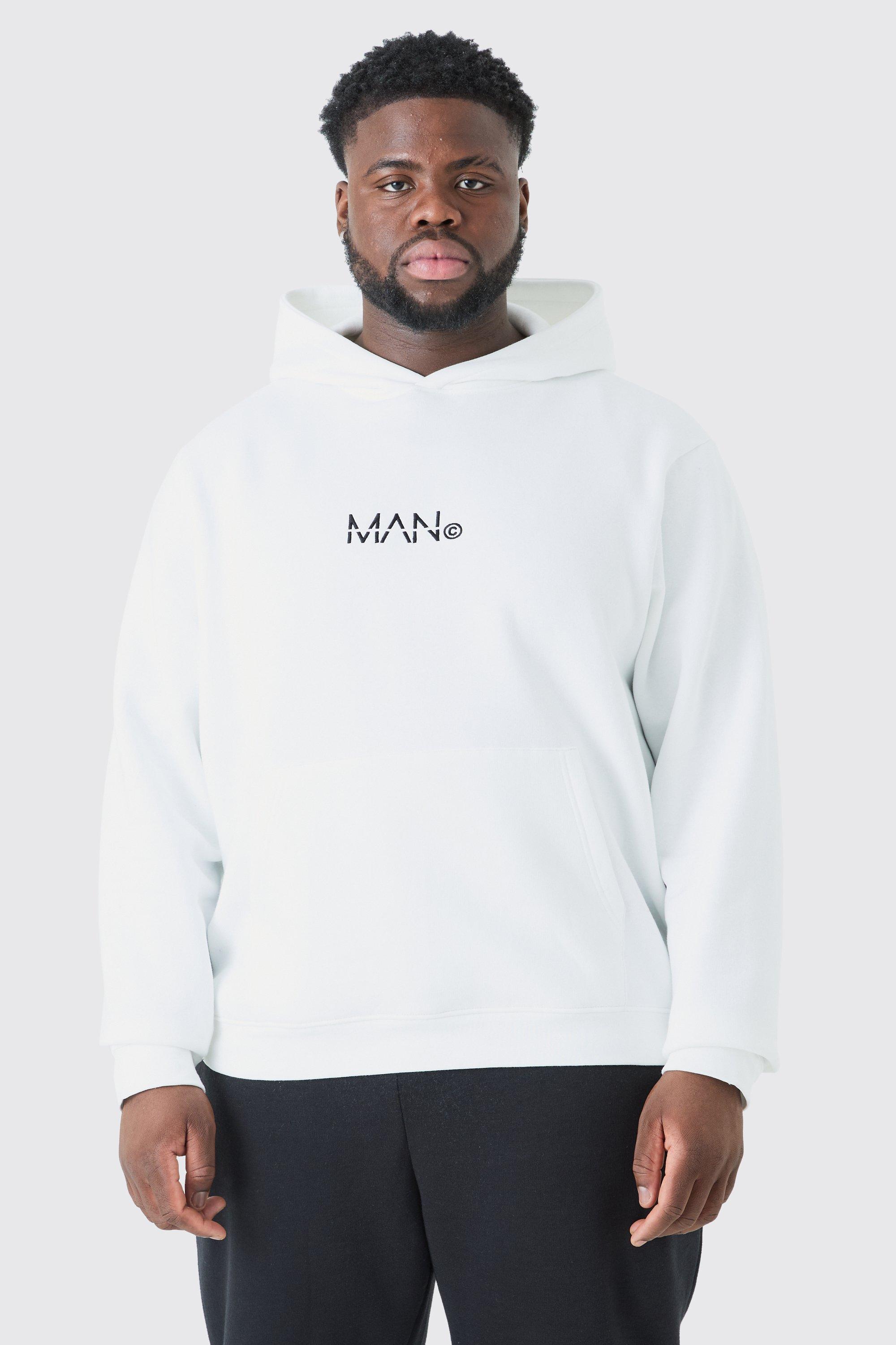 Mens Plus Man Signature Over The Head Hoodie In White, White