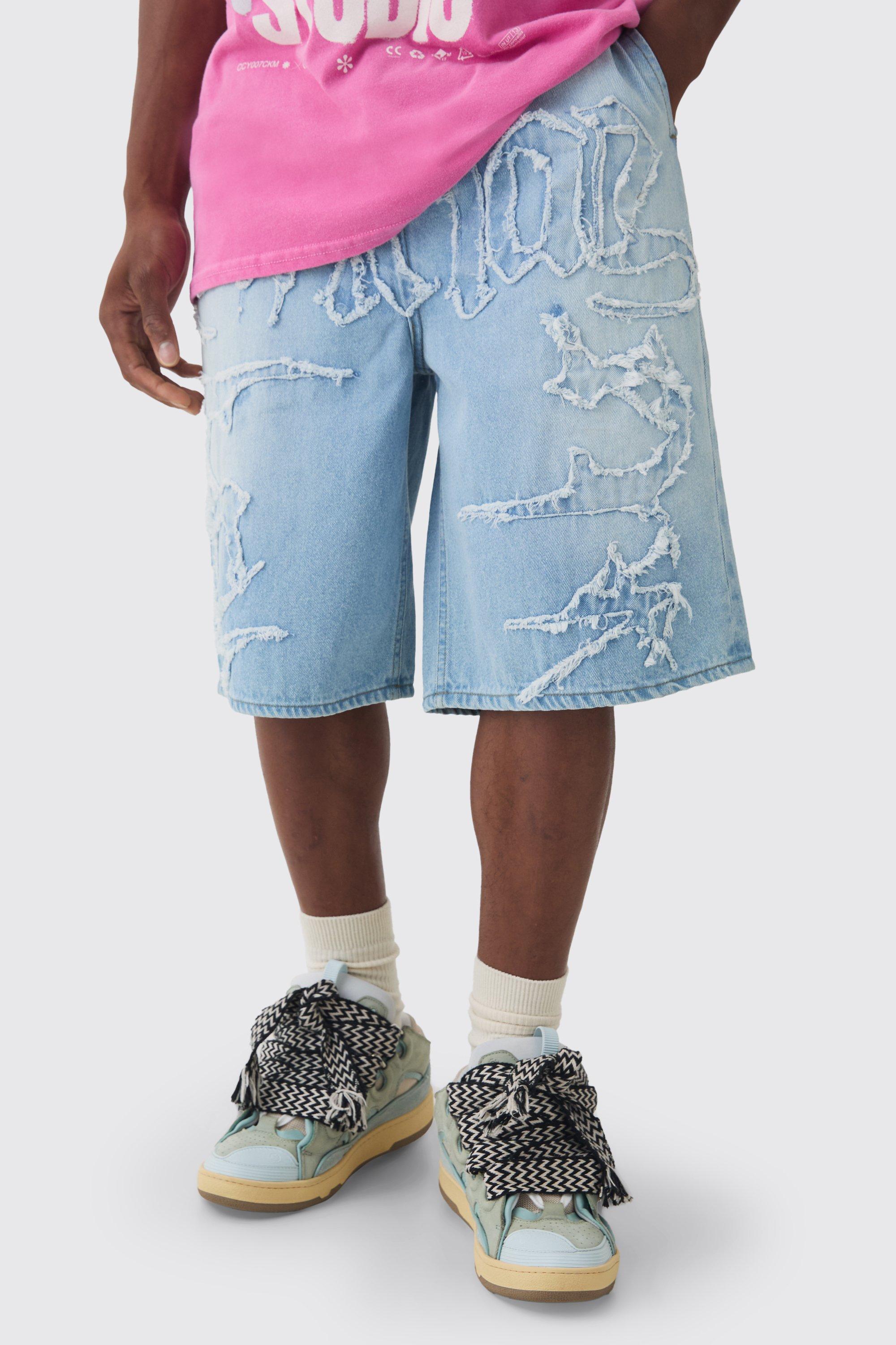 Mens Official Self Fabric Applique Denim Jorts In Ice Blue, Blue