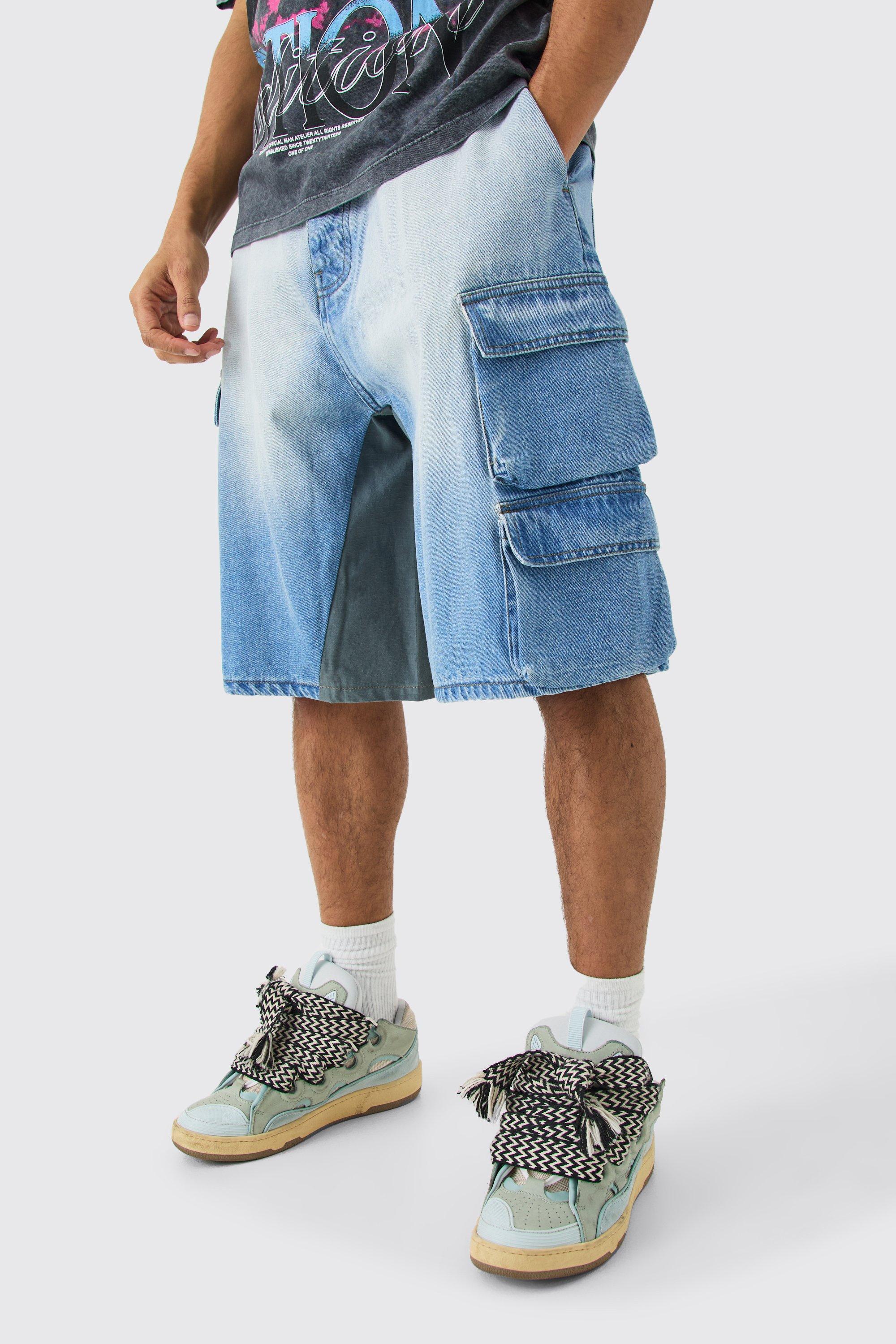 Pantaloncini da paracadutista in denim con tasche multiple e inserti, Azzurro