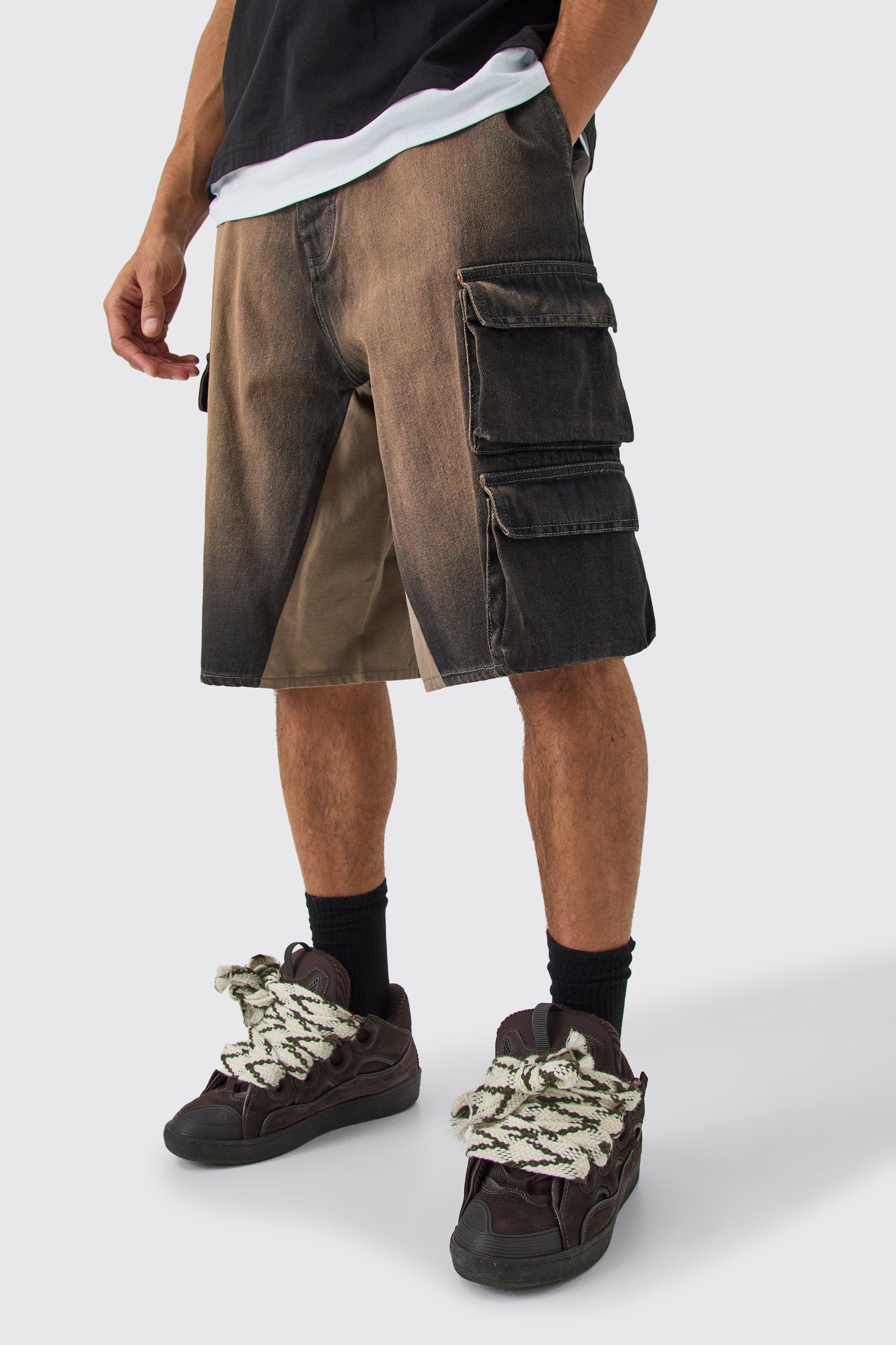 Image of Pantaloncini da paracadutista in denim con tasche Cargo e inserti, Arancio