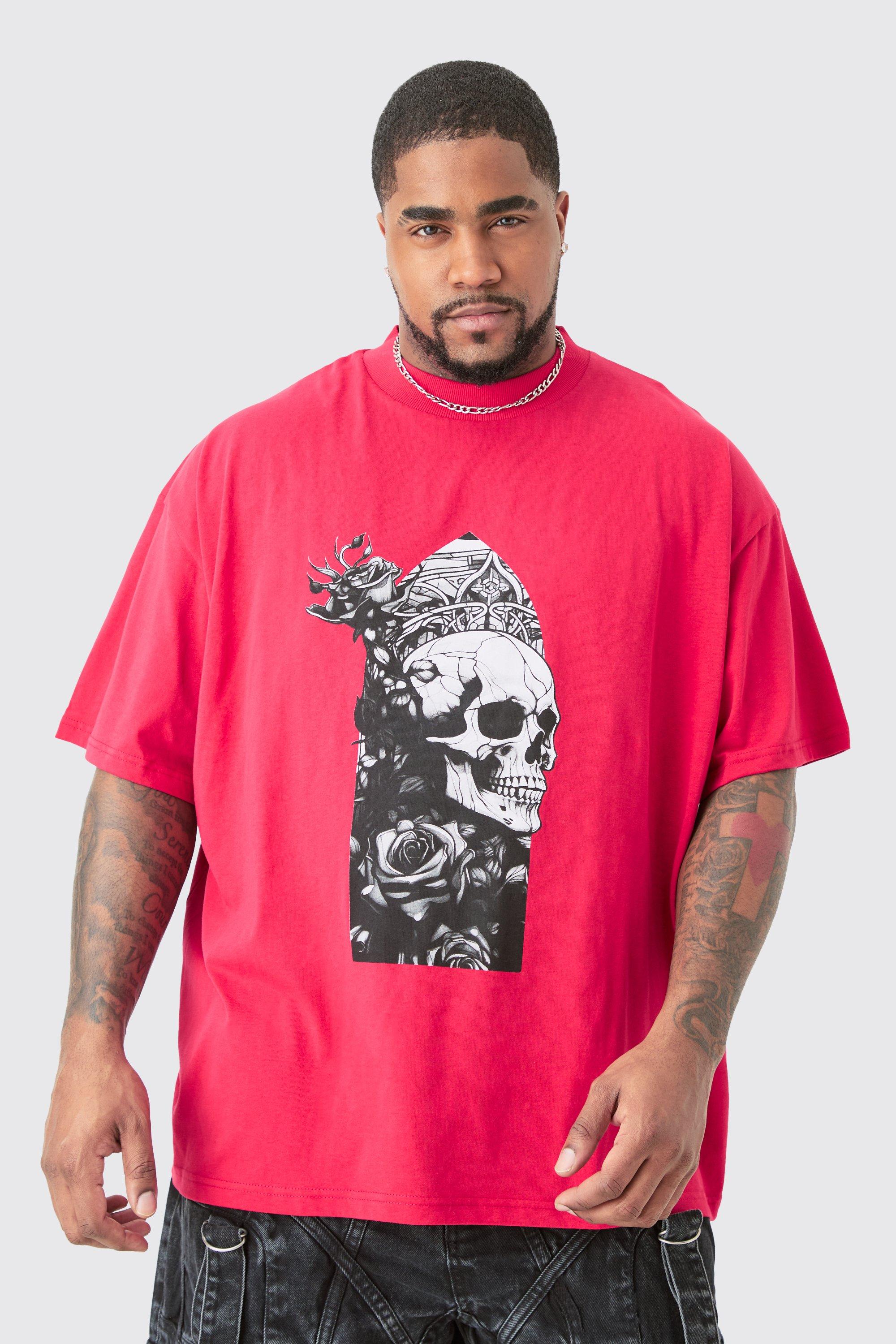 Image of T-shirt Plus Size oversize con teschio e girocollo esteso, Rosso