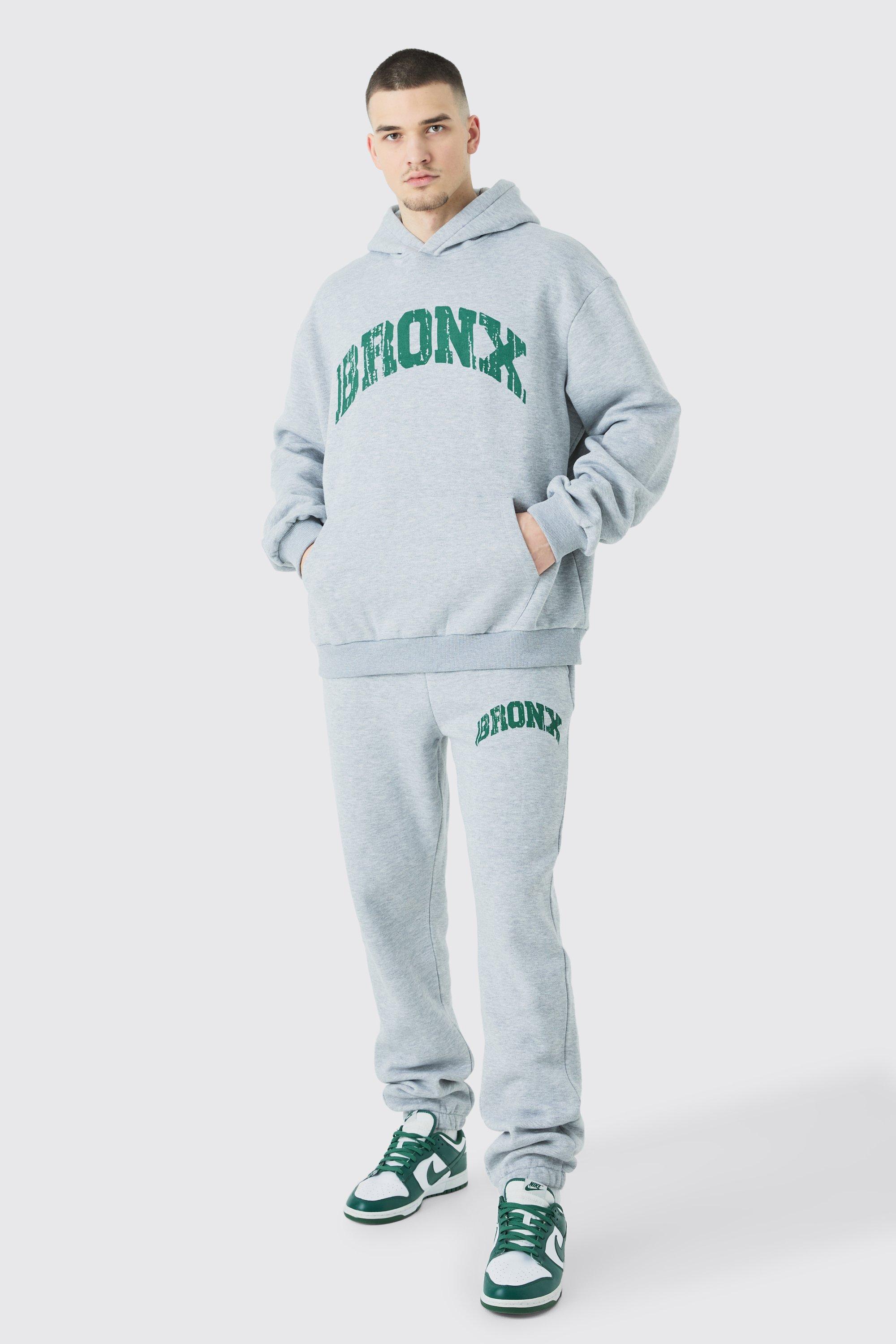 Mens Grey Tall Oversized Bronx Varsity Sweatshirt Tracksuit, Grey