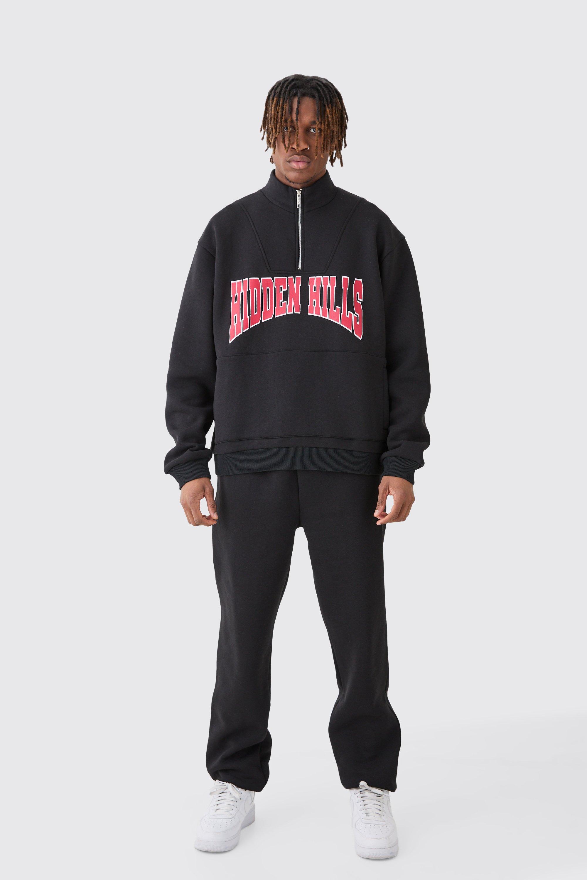 Mens Black Tall Oversized Boxy 1/4 Zip Varsity Sweatshirt Tracksuit, Black