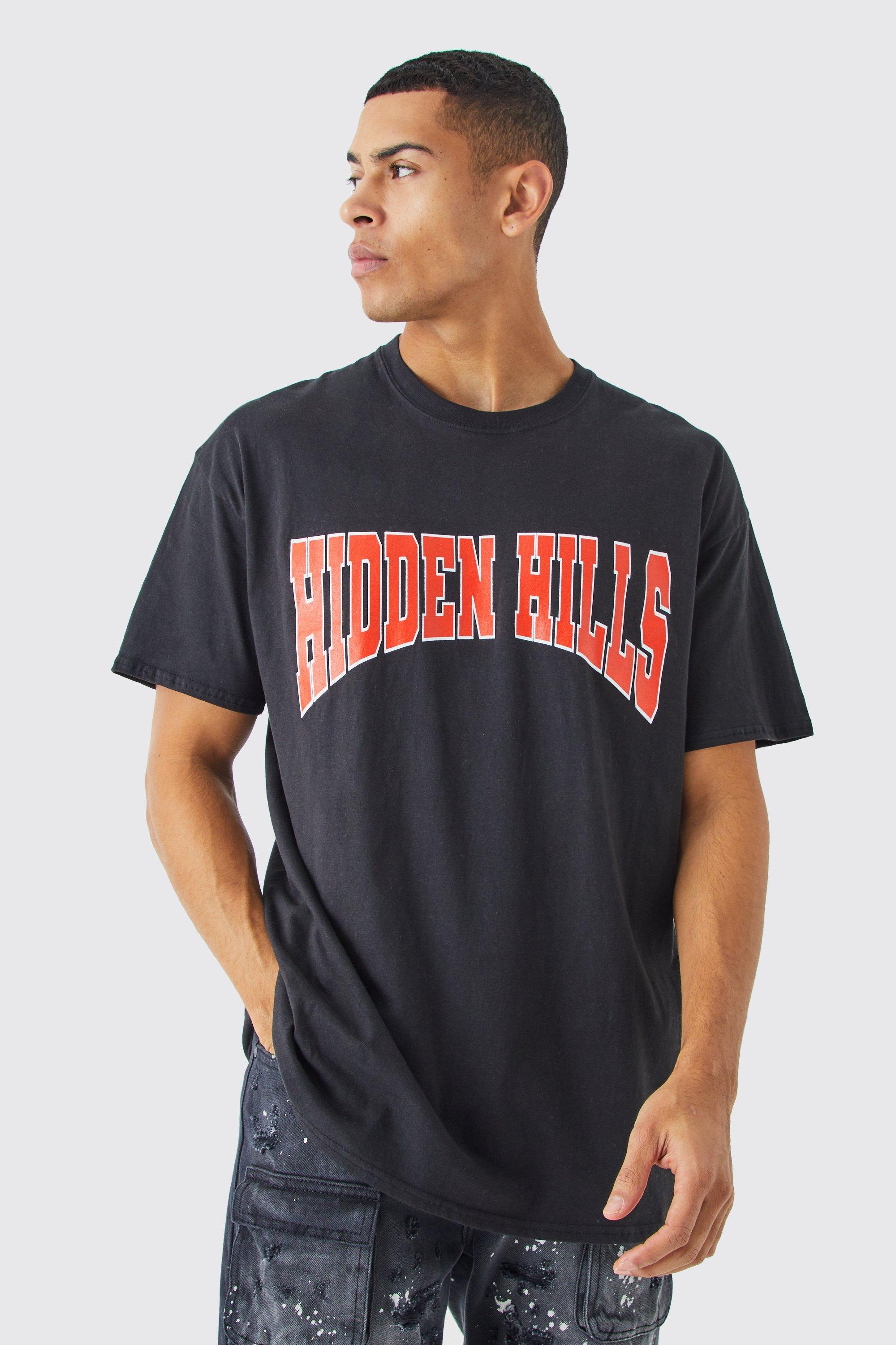 Mens Black Oversized Varsity Hidden Hills T-shirt, Black