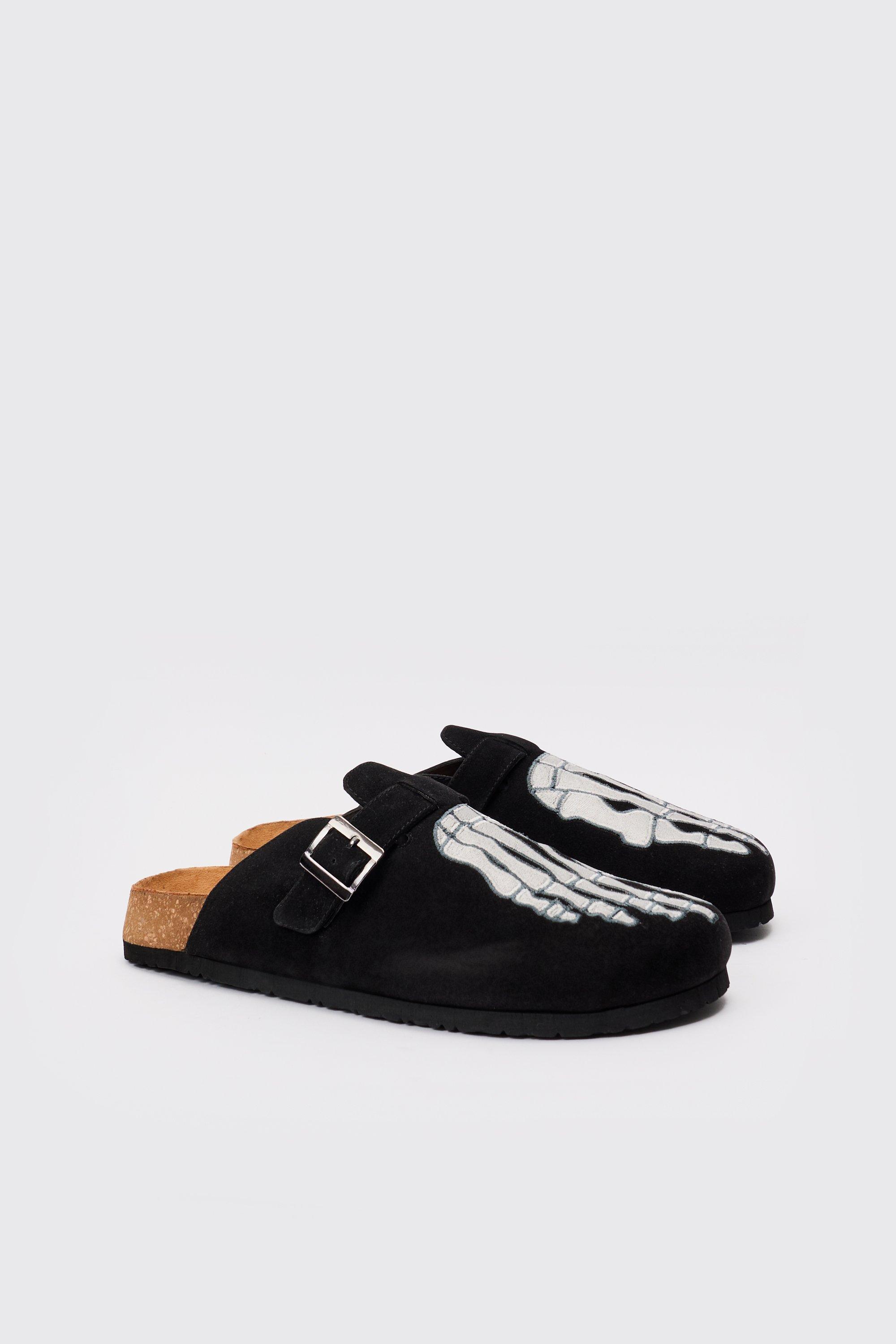 Image of Faux Suede Skeleton Embroidery Mule In Black, Nero