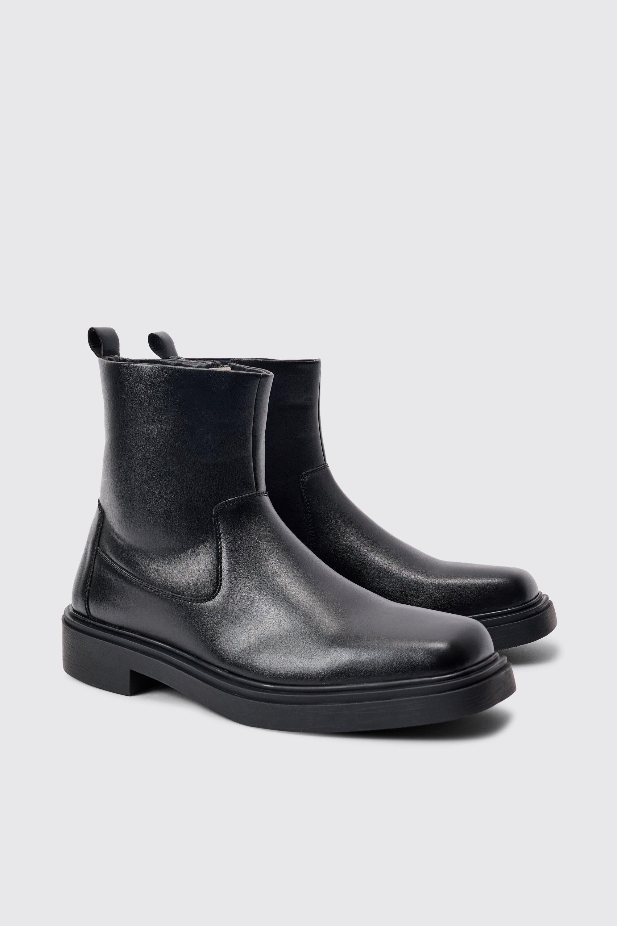 Image of Pu Square Toe Zip Up Boot In Black, Nero