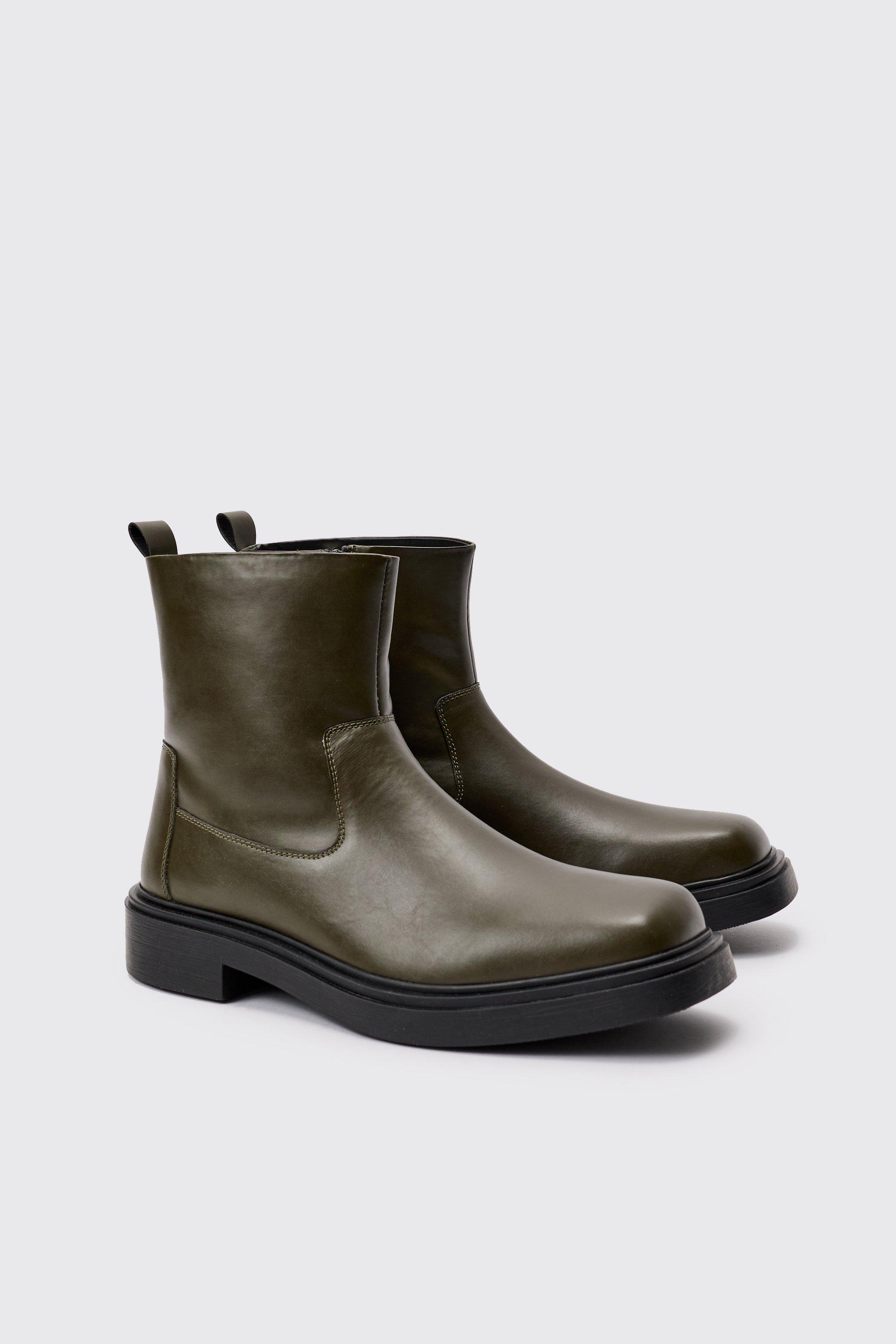 Image of Pu Square Toe Zip Up Boot In Green, Verde