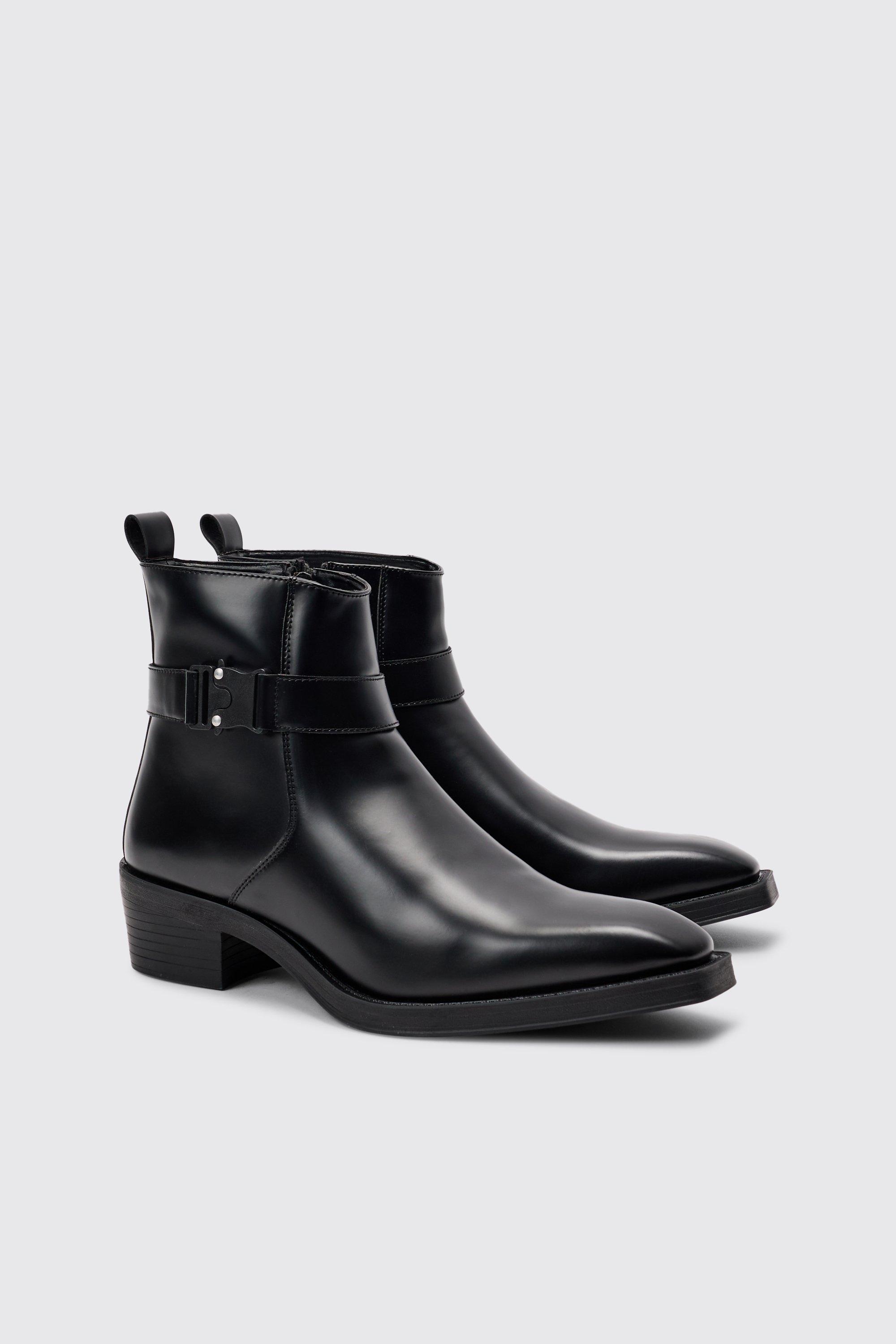 Image of Pu Square Toe Buckle Detail Boot In Black, Nero