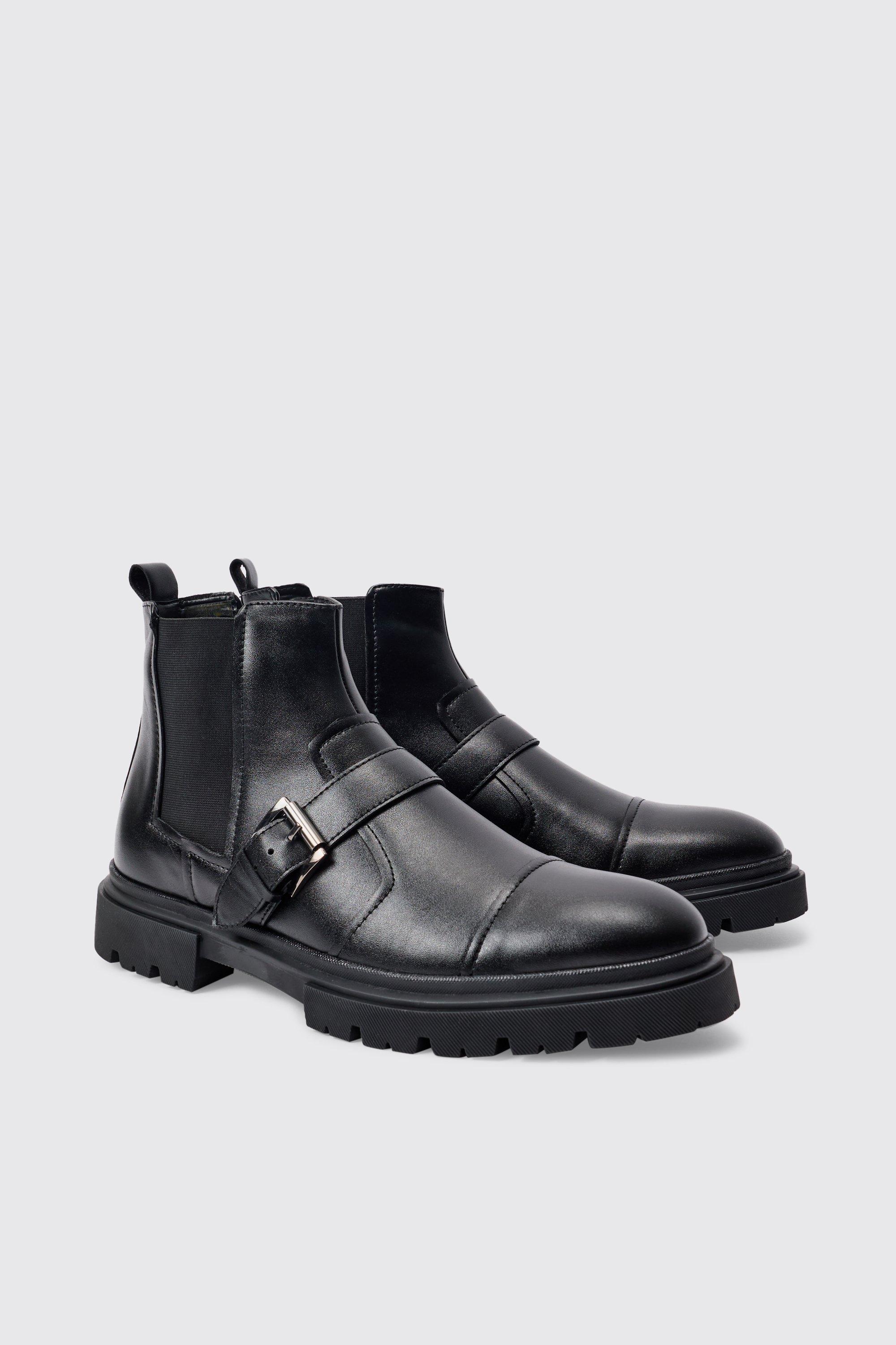 Image of Pu Strap Detail Chunky Boot In Black, Nero