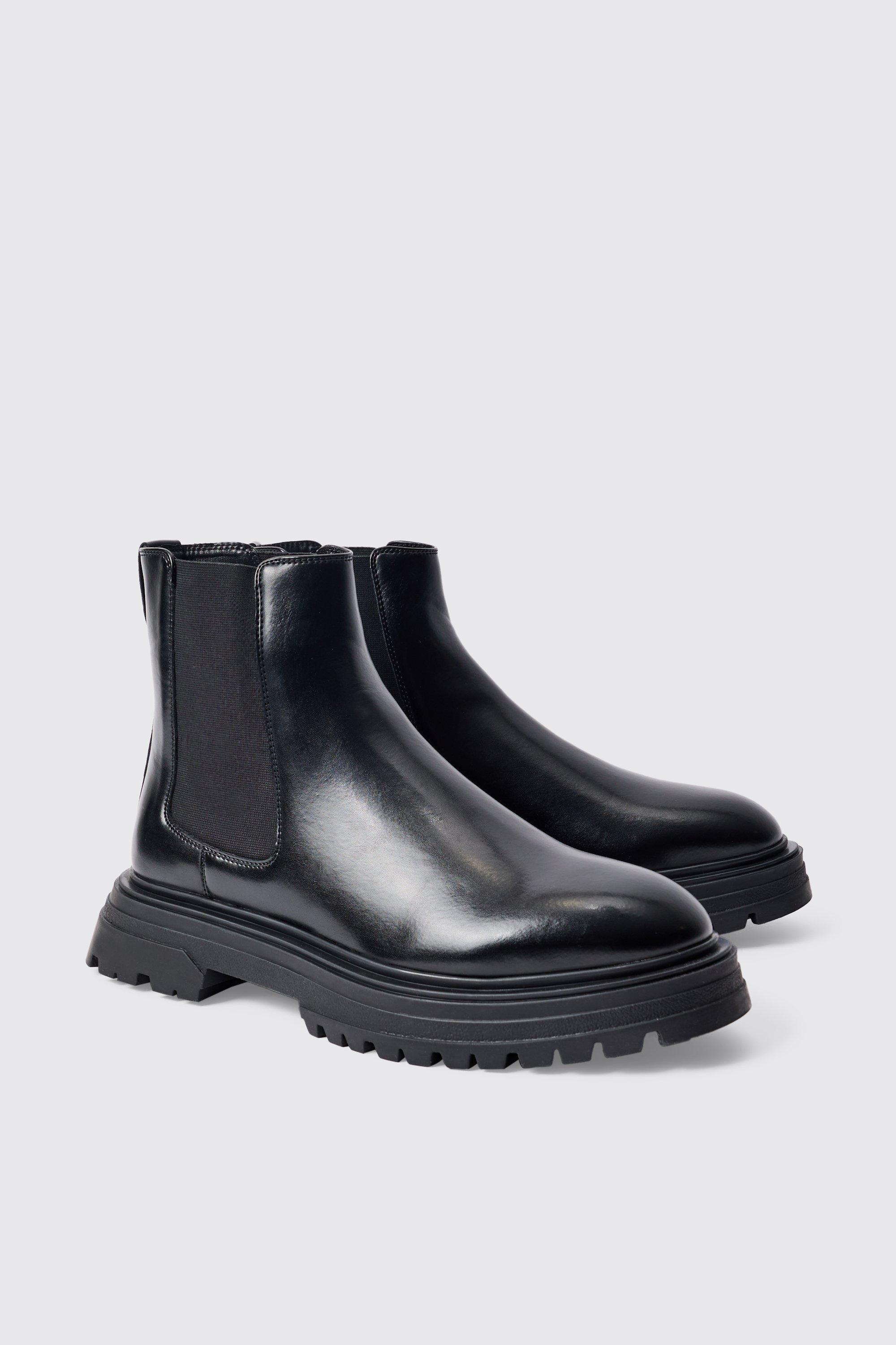 Mens PU Chunky Sole Chelsea Boot In Black, Black