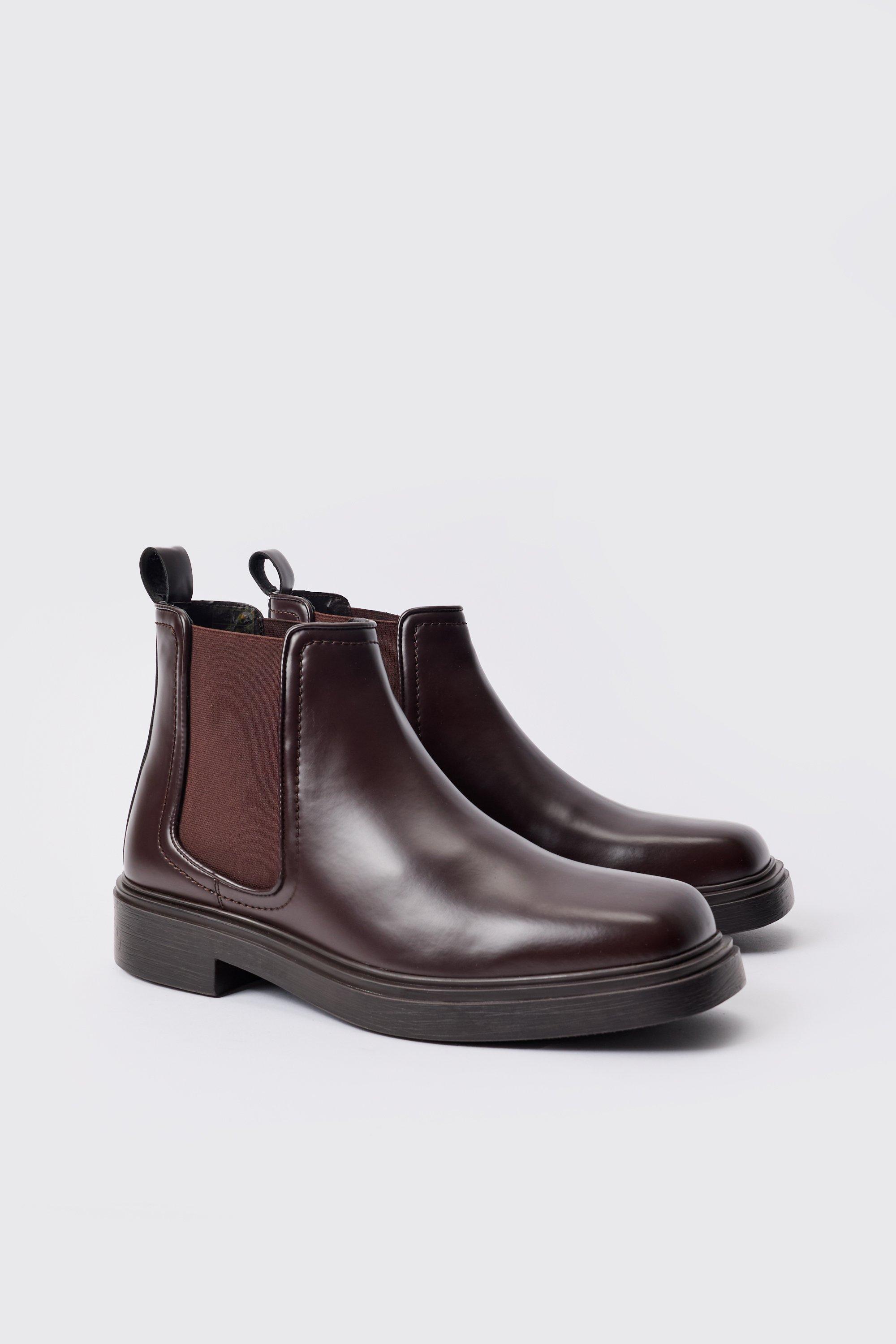 Mens PU Square Toe Chelsea Boot In Brown, Brown