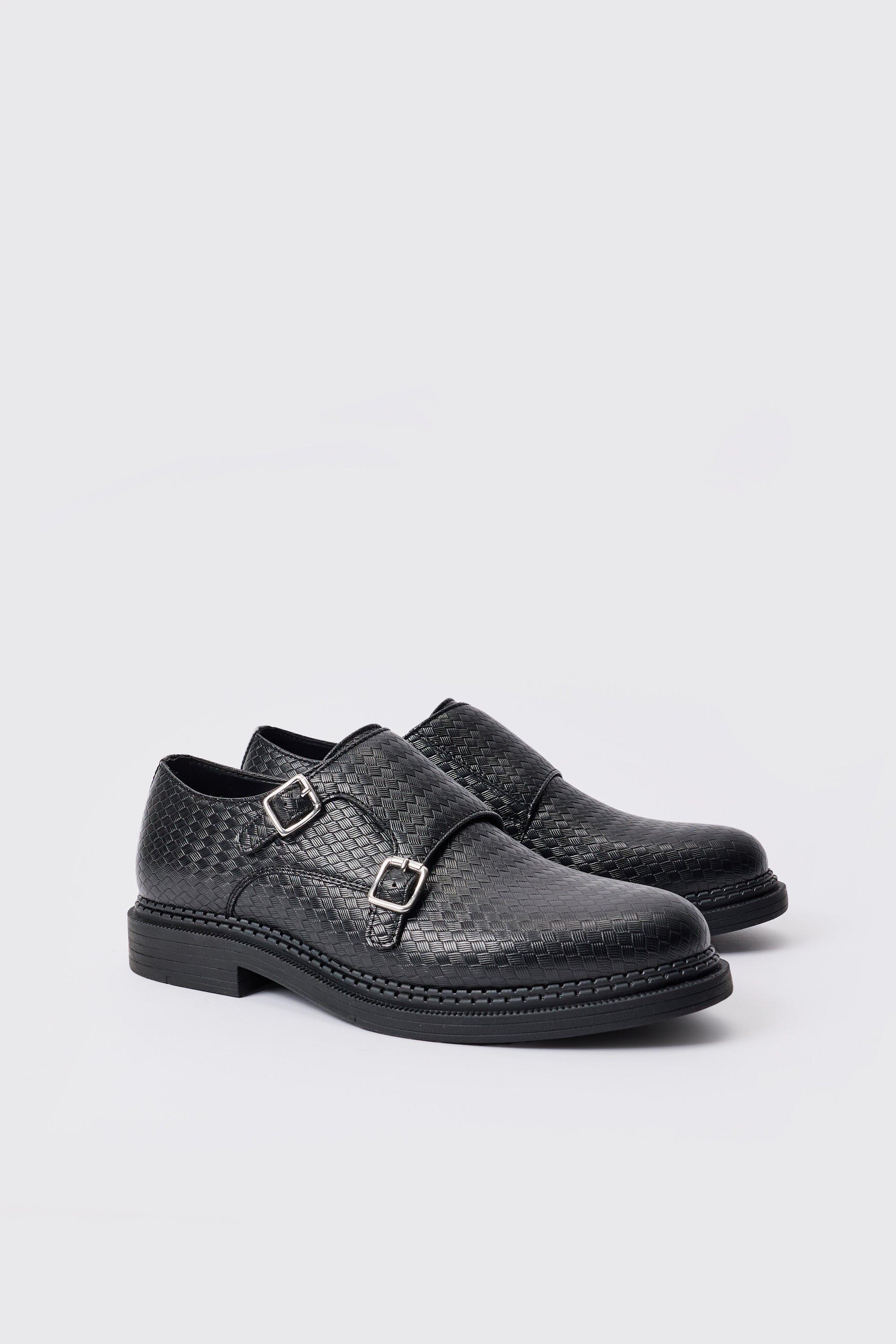 Mens Woven PU Monk Strap Loafer In Black, Black
