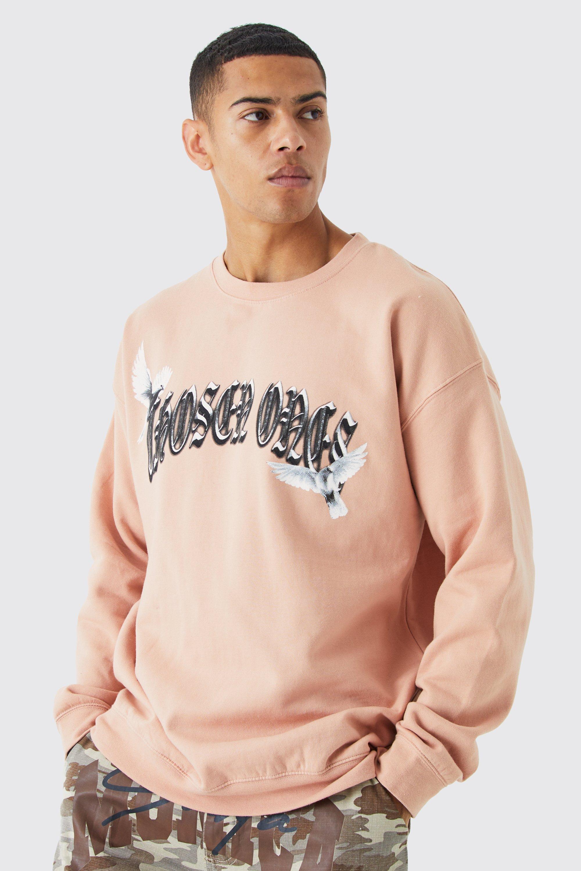 Mens Pink Oversized Bird Print Sweatshirt, Pink