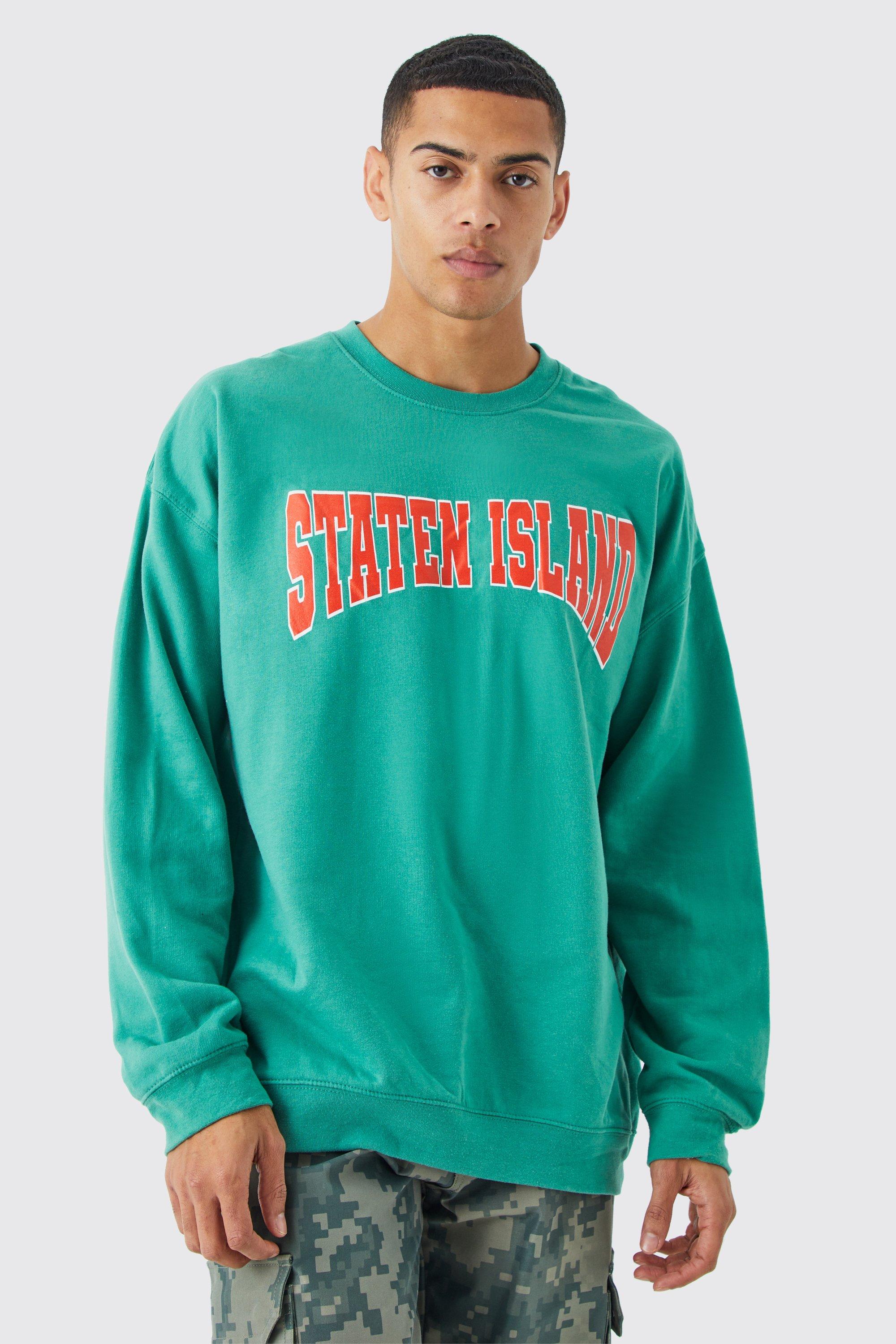 Mens Green Oversized Varsity Staten Island Sweatshirt, Green