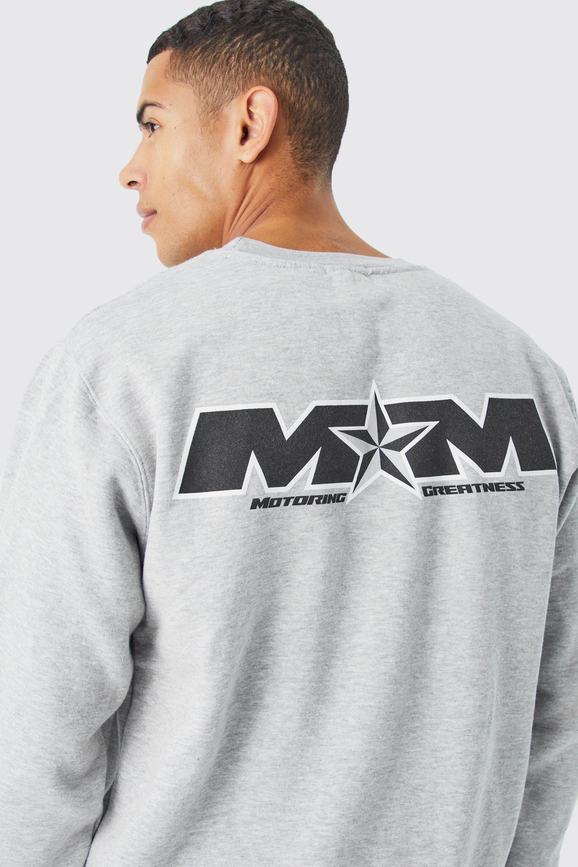 Mens Grey Oversized Moto Man Back Print Sweatshirt, Grey