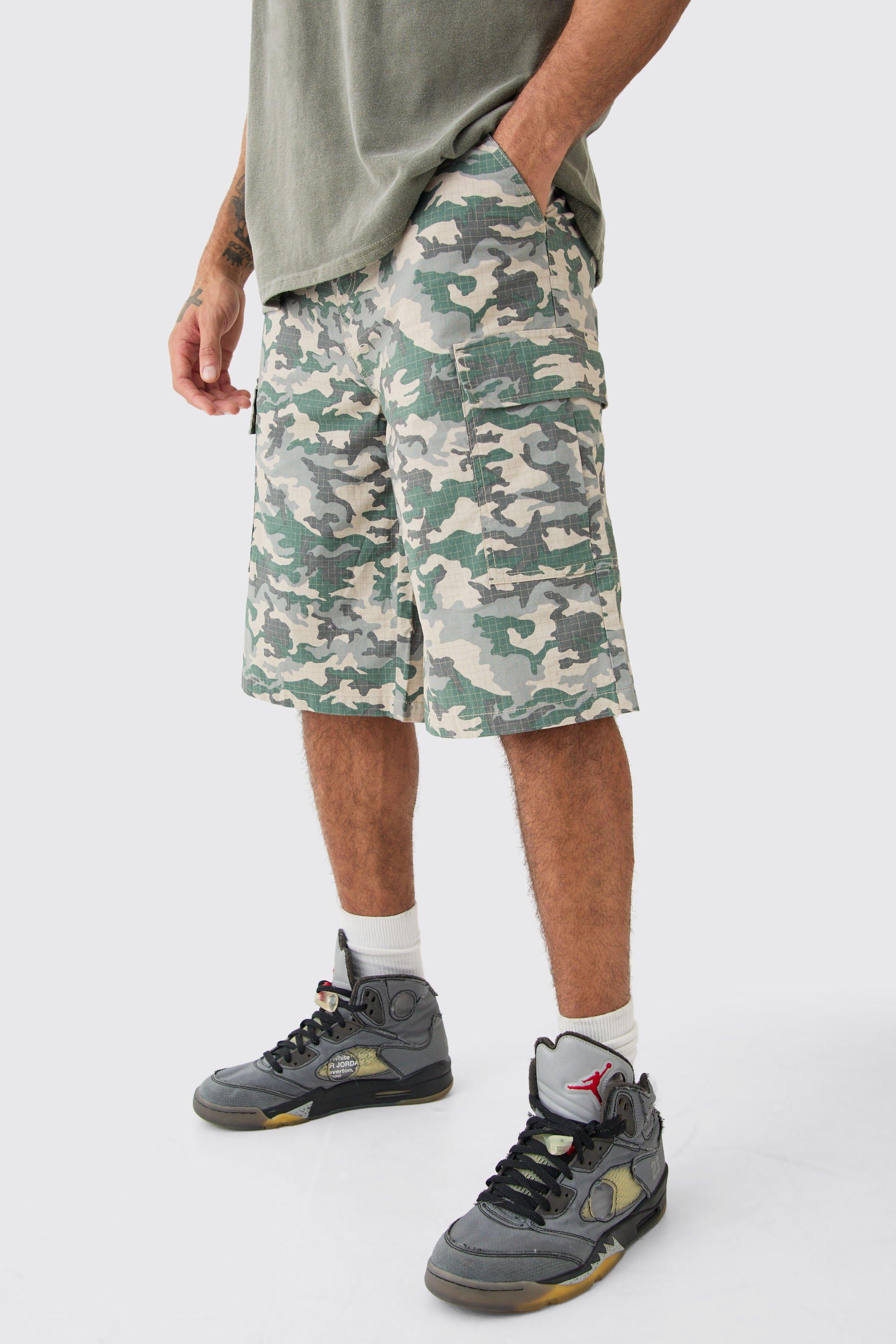 Mens Green Fixed Waist Woven Tab Ripstop Camo Jorts, Green