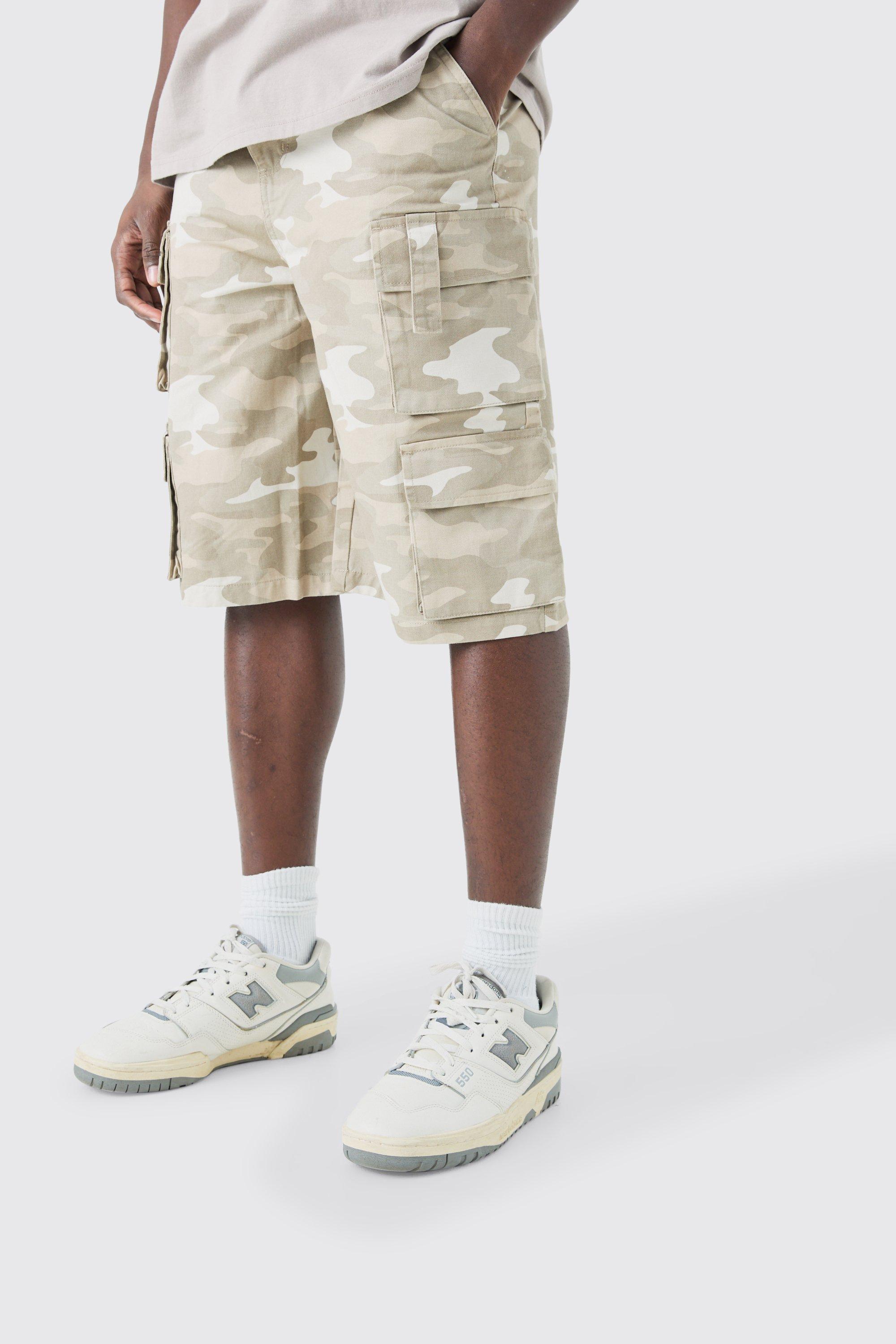 Mens Beige Camo Fixed Waist Multi Cargo Pocket Jorts, Beige