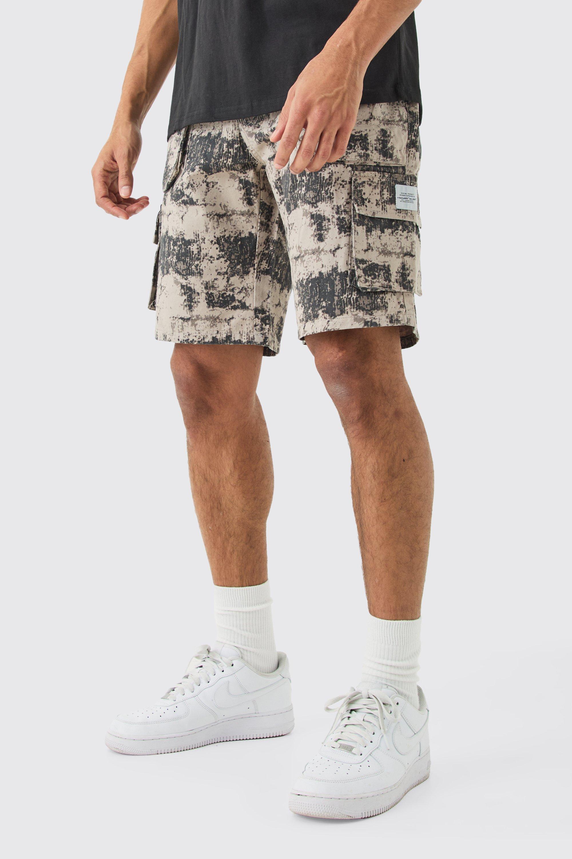 Mens Grey Woven Tab Blurred Camo Relaxed Cargo Shorts, Grey