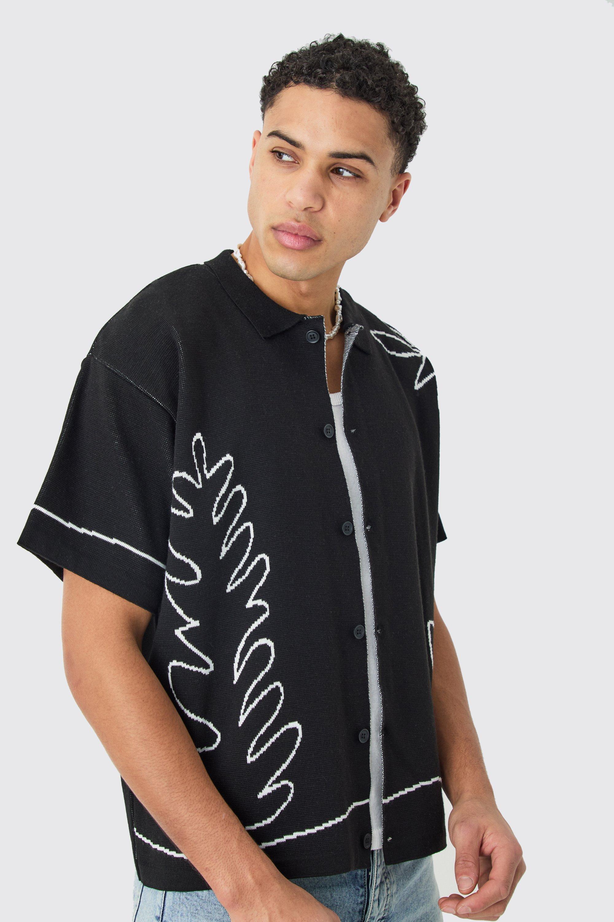 Mens Boxy Jacquard Knit Abstract Detail Shirt In Black, Black