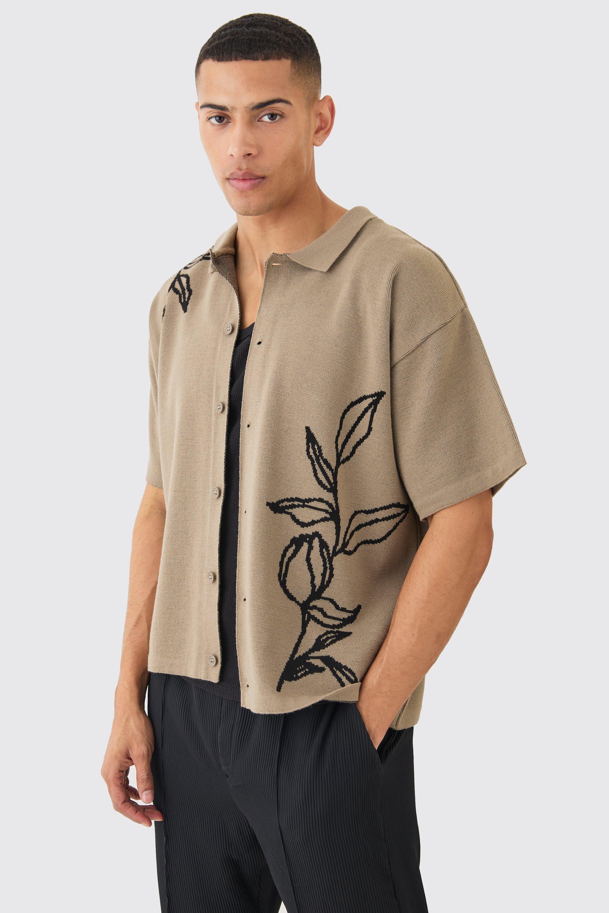 Camicia squadrata in maglia in jacquard color talpa con dettagli a fiori, Beige