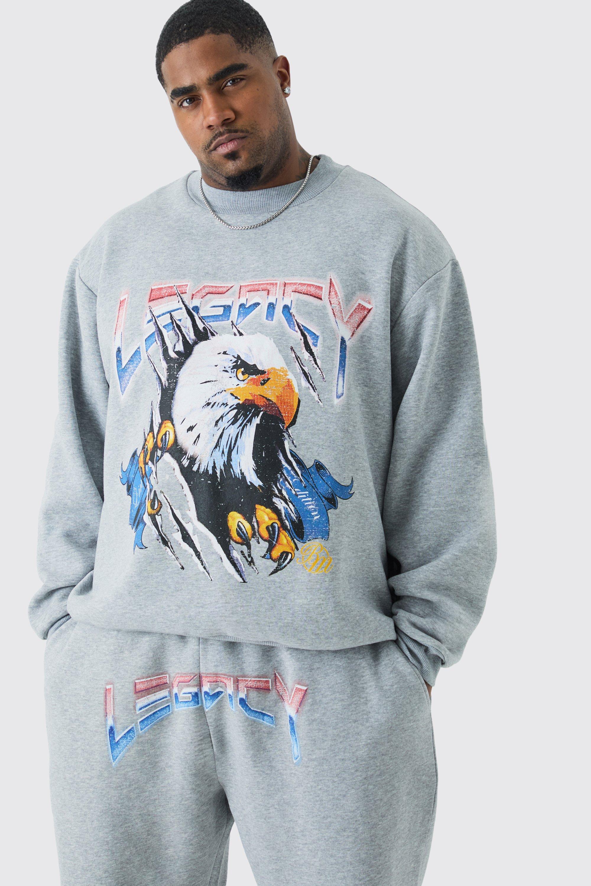Mens Grey Plus Liberty Eagle Oversized Sweatshirt Tracksuit, Grey