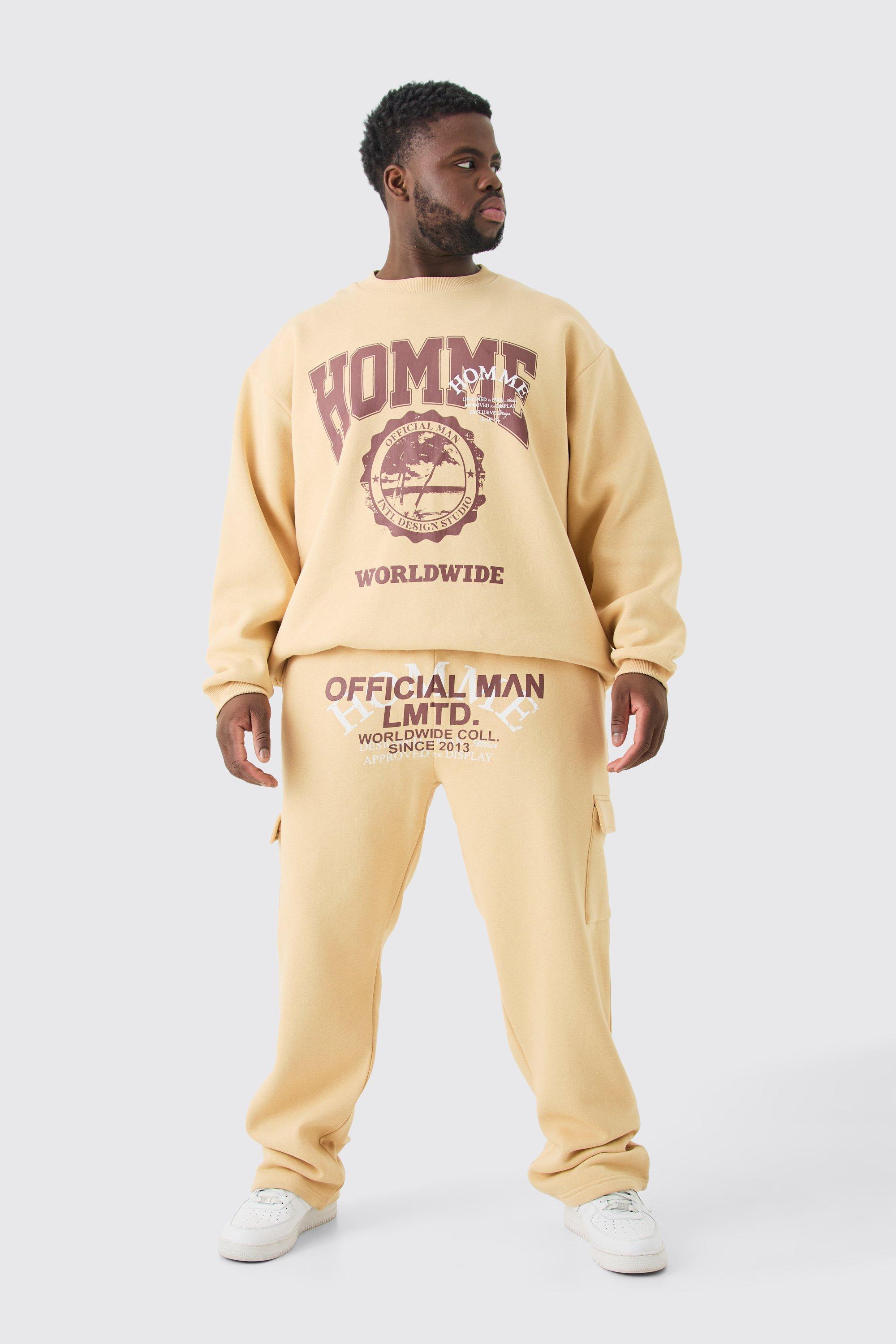 Mens Beige Plus Homme Worldwide Oversized Sweatshirt Tracksuit, Beige
