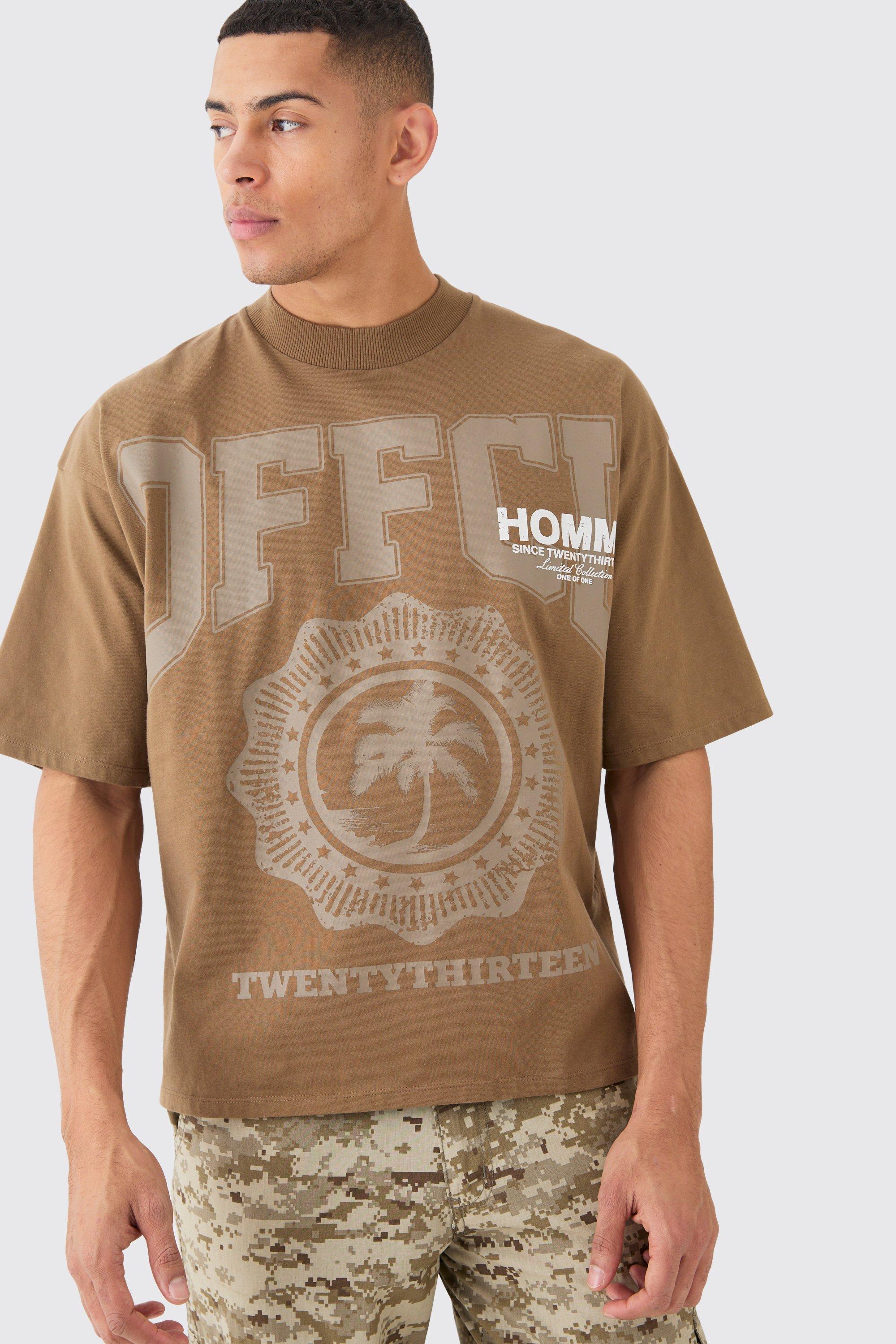 Mens Brown Oversized Boxy Ofcl Graphic Heavyweight T-shirt, Brown
