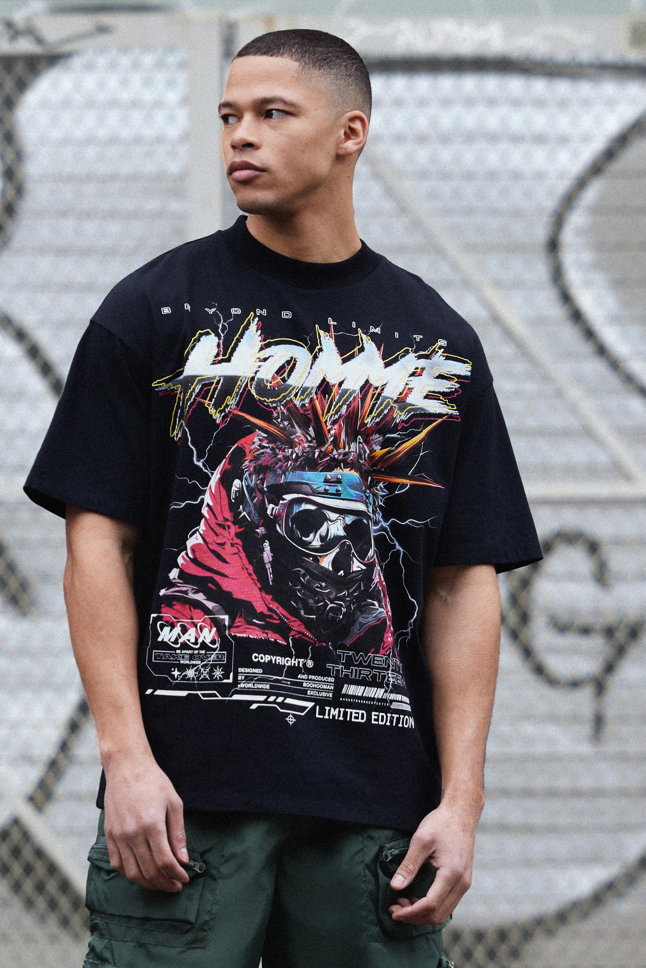 Mens Black Oversized Homme Skull Graphic Heavyweight T-shirt, Black