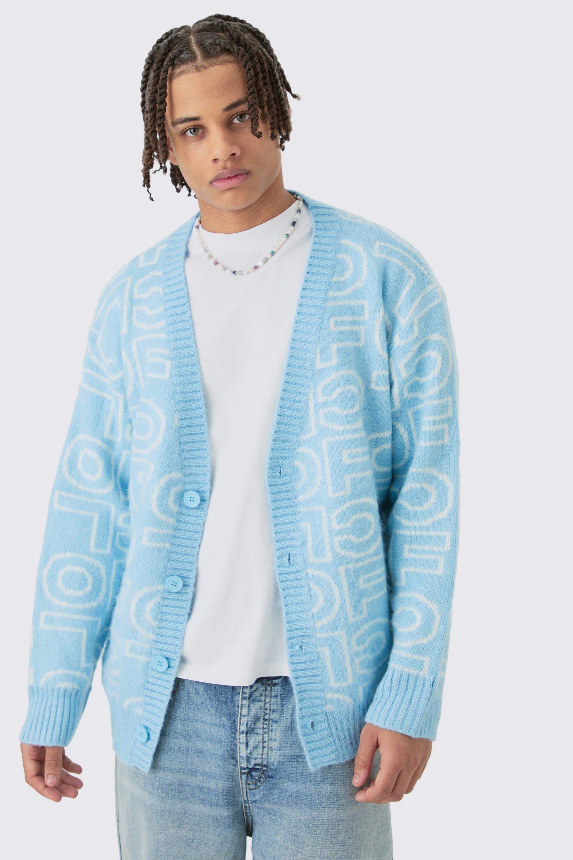 boxy fluffy branded knitted cardigan in blue homme - bleu - l, bleu