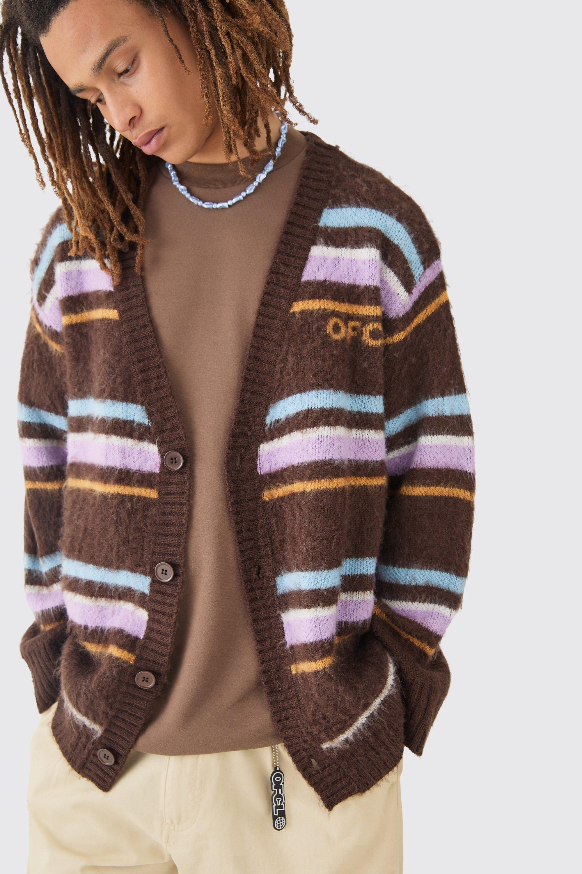 Mens Brown Boxy Fluffy Striped Knitted Cardigan In Chocolate, Brown