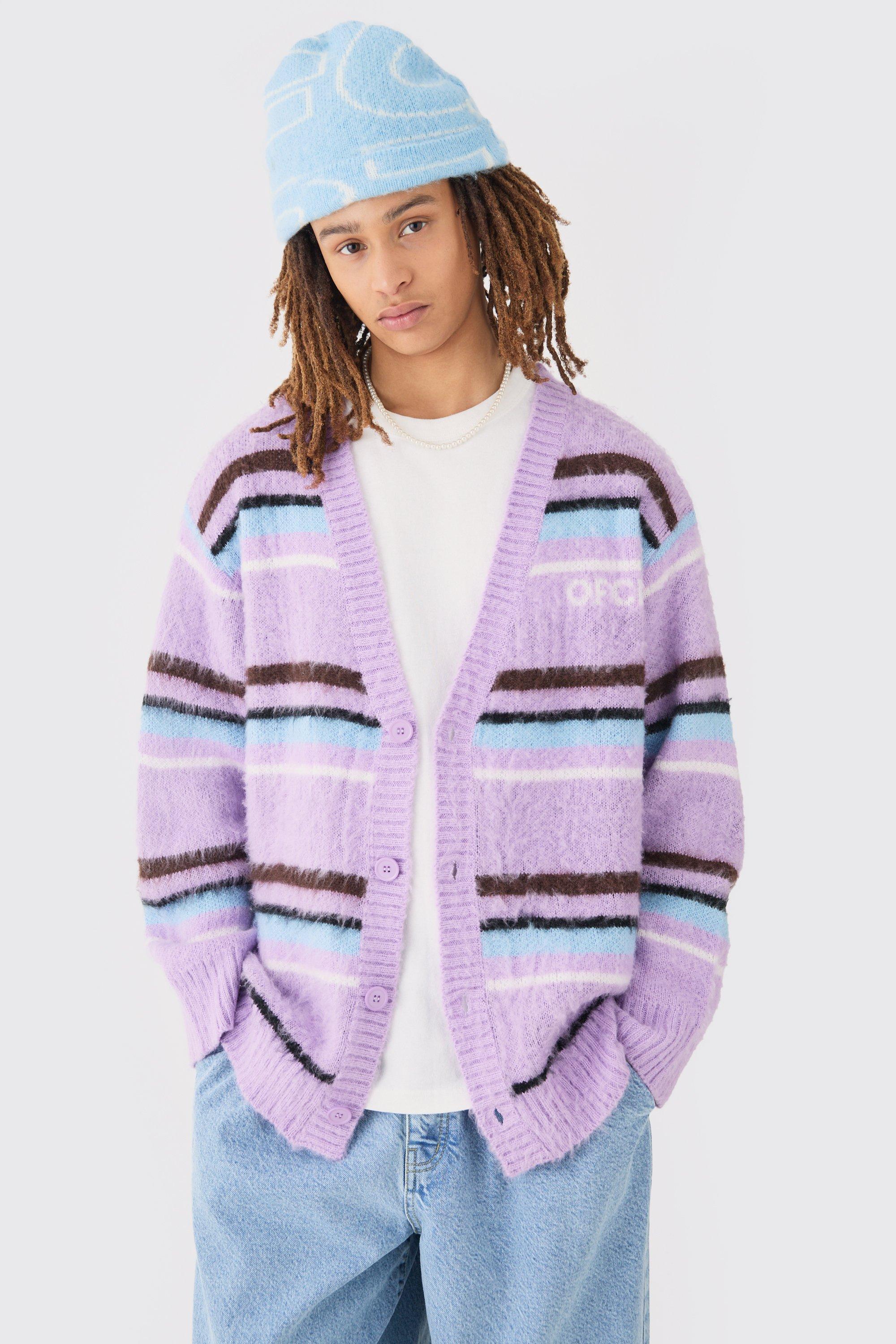boxy fluffy striped knitted cardigan in lilac homme - violet - s, violet